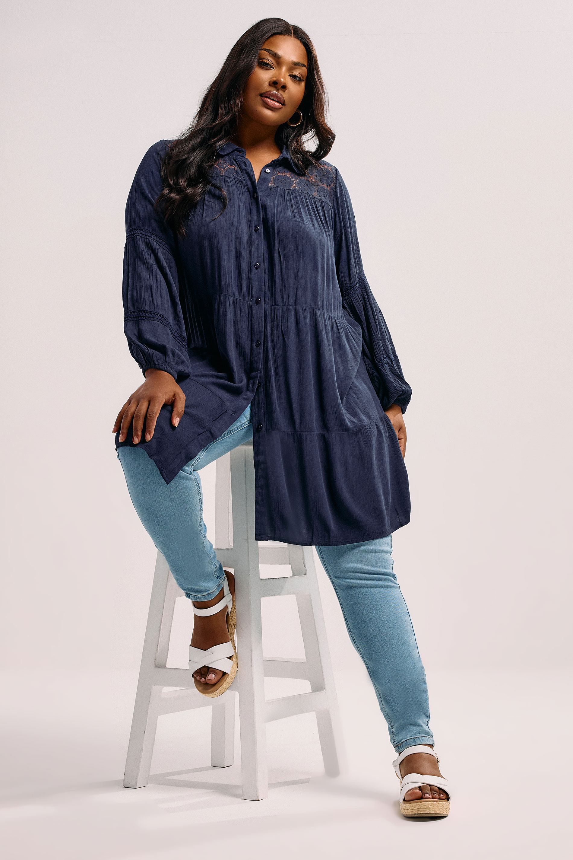 YOURS Plus Size Navy Blue Tiered Crochet Detail Shirt | Yours Clothing 1