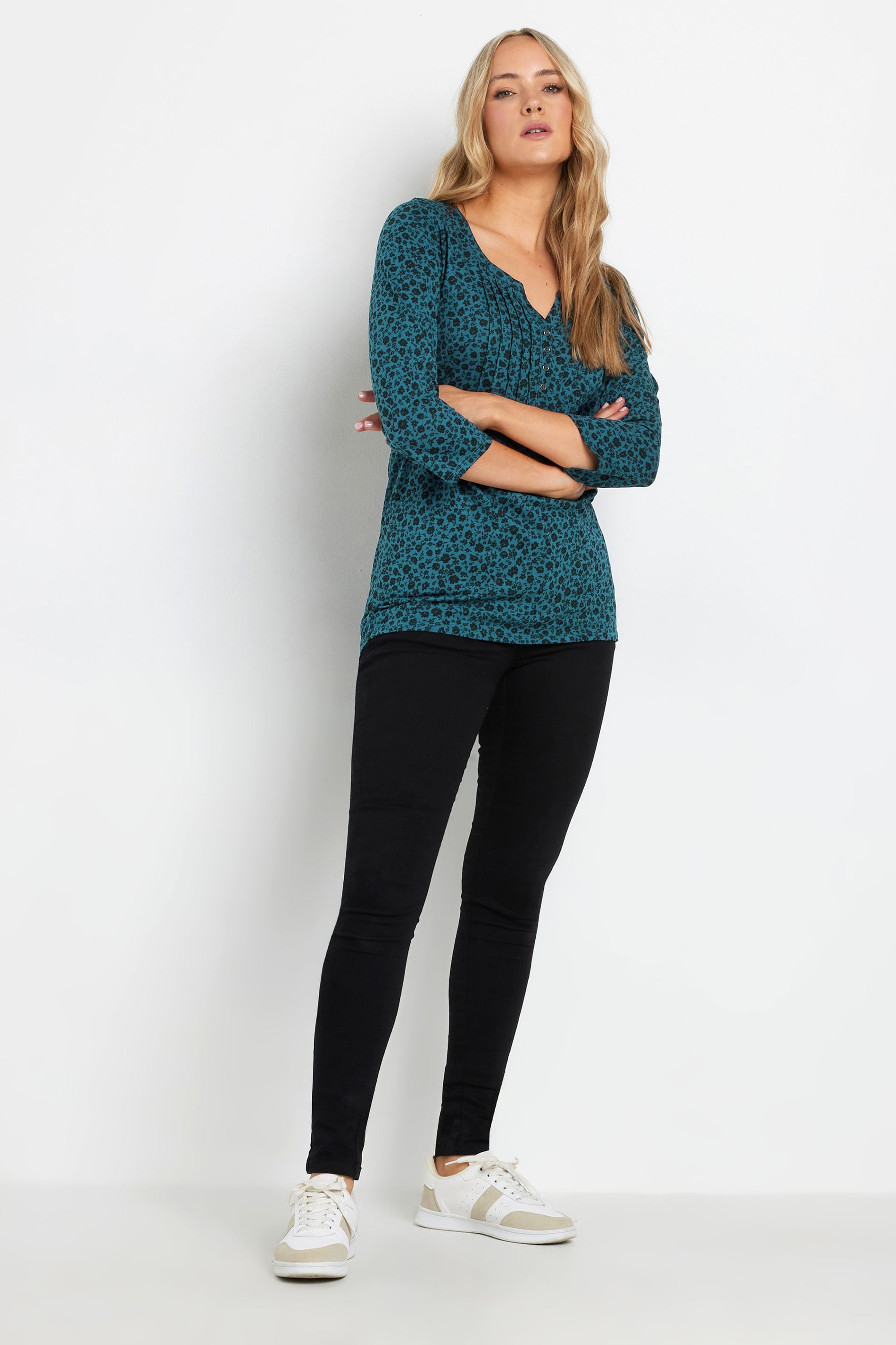 LTS Tall Teal Blue Ditsy Floral Cotton Henley Top | Long Tall Sally 1