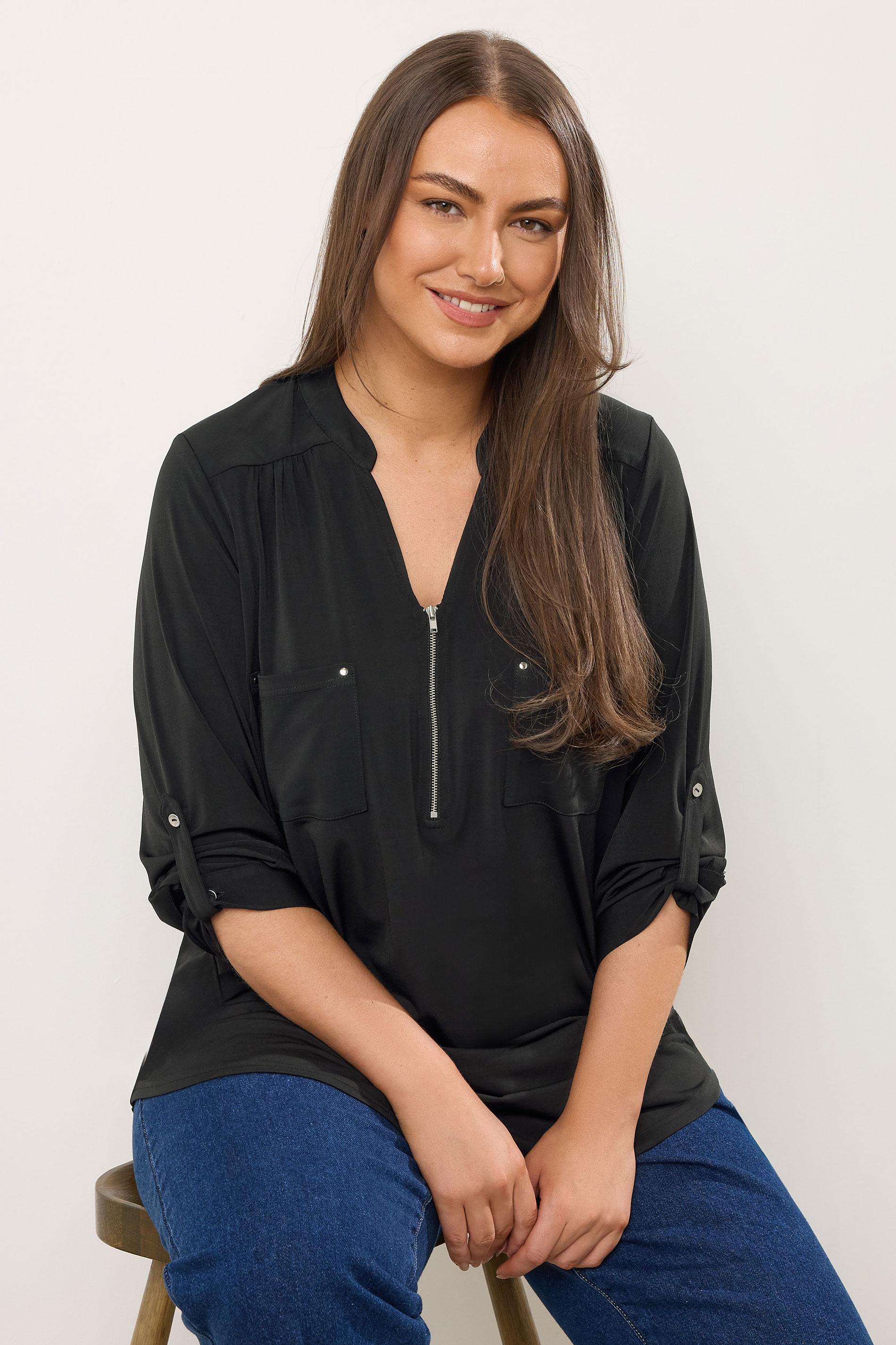 EVANS Plus Size Black Zip Front Jersey Blouse | Evans  3