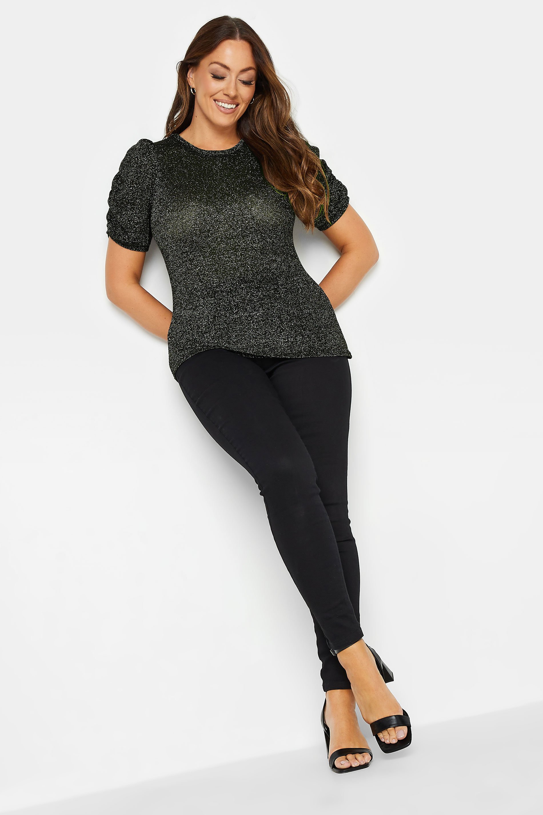 M&Co Black & Silver Shimmer Ruched Sleeve Blouse | M&Co 2