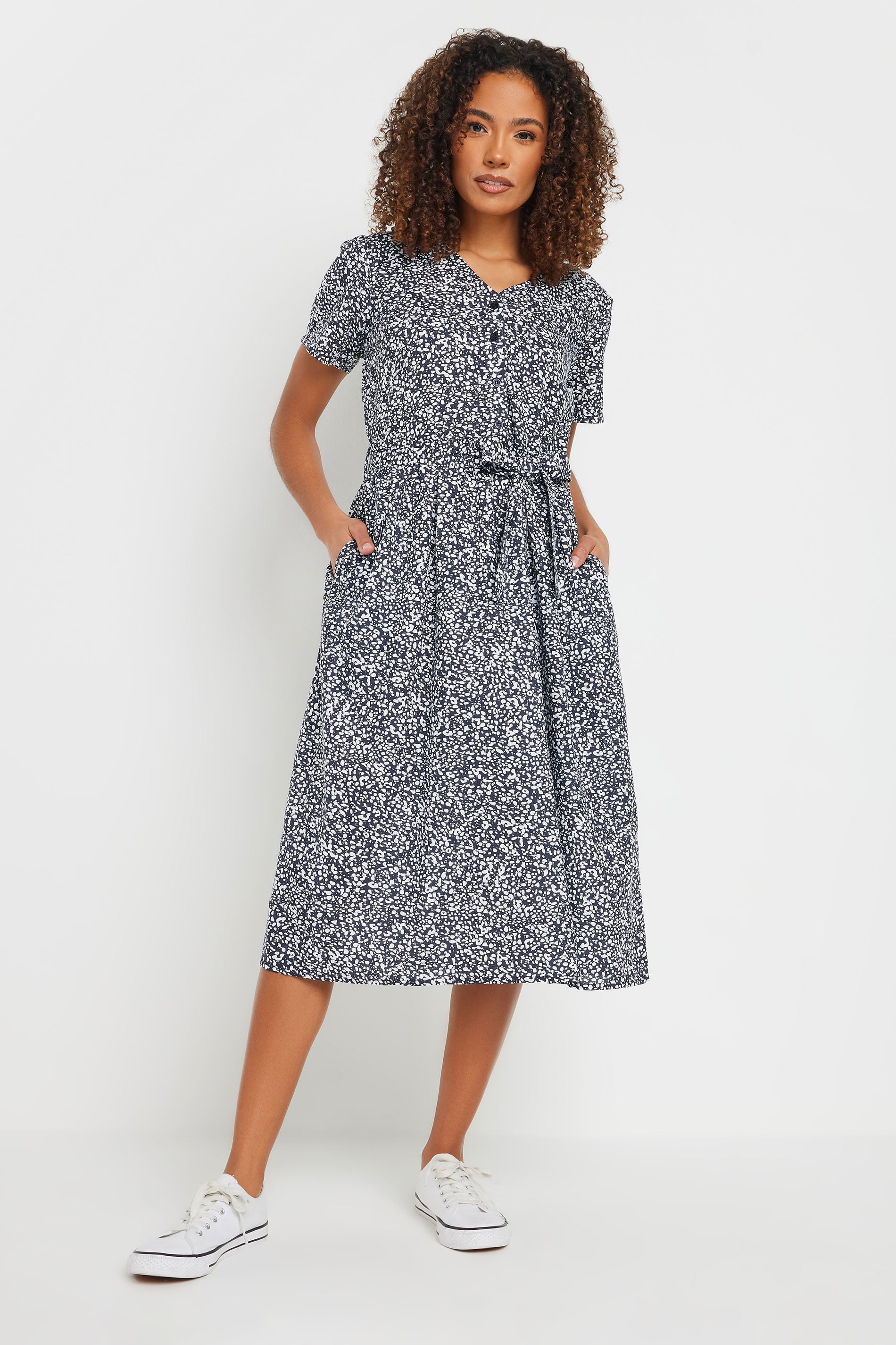 M&Co Navy Blue Spot Print Belted Midi Dress | M&Co 2