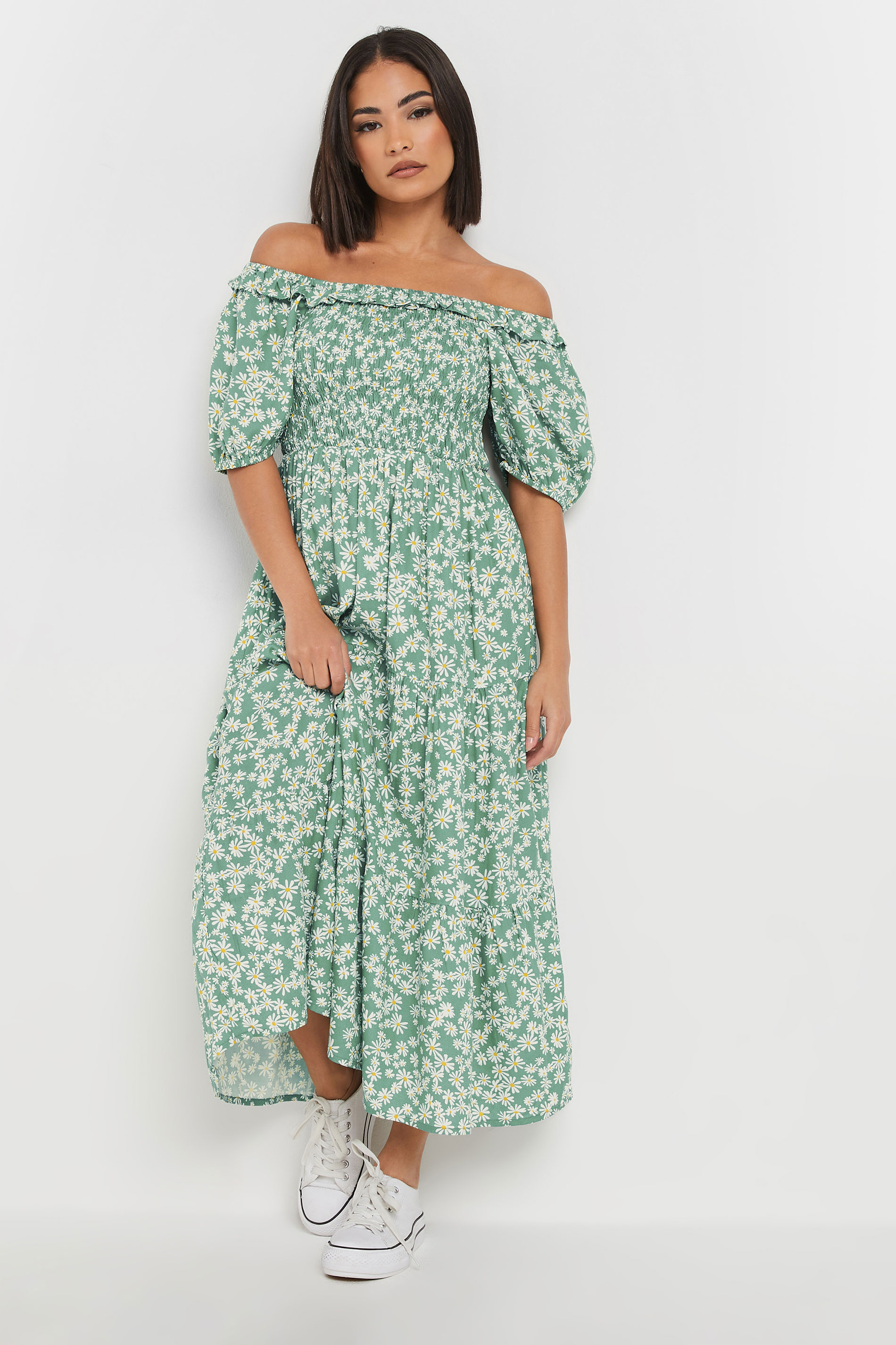 PixieGirl Petite Women's Green Daisy Tiered Bardot Dress | PixieGirl 1