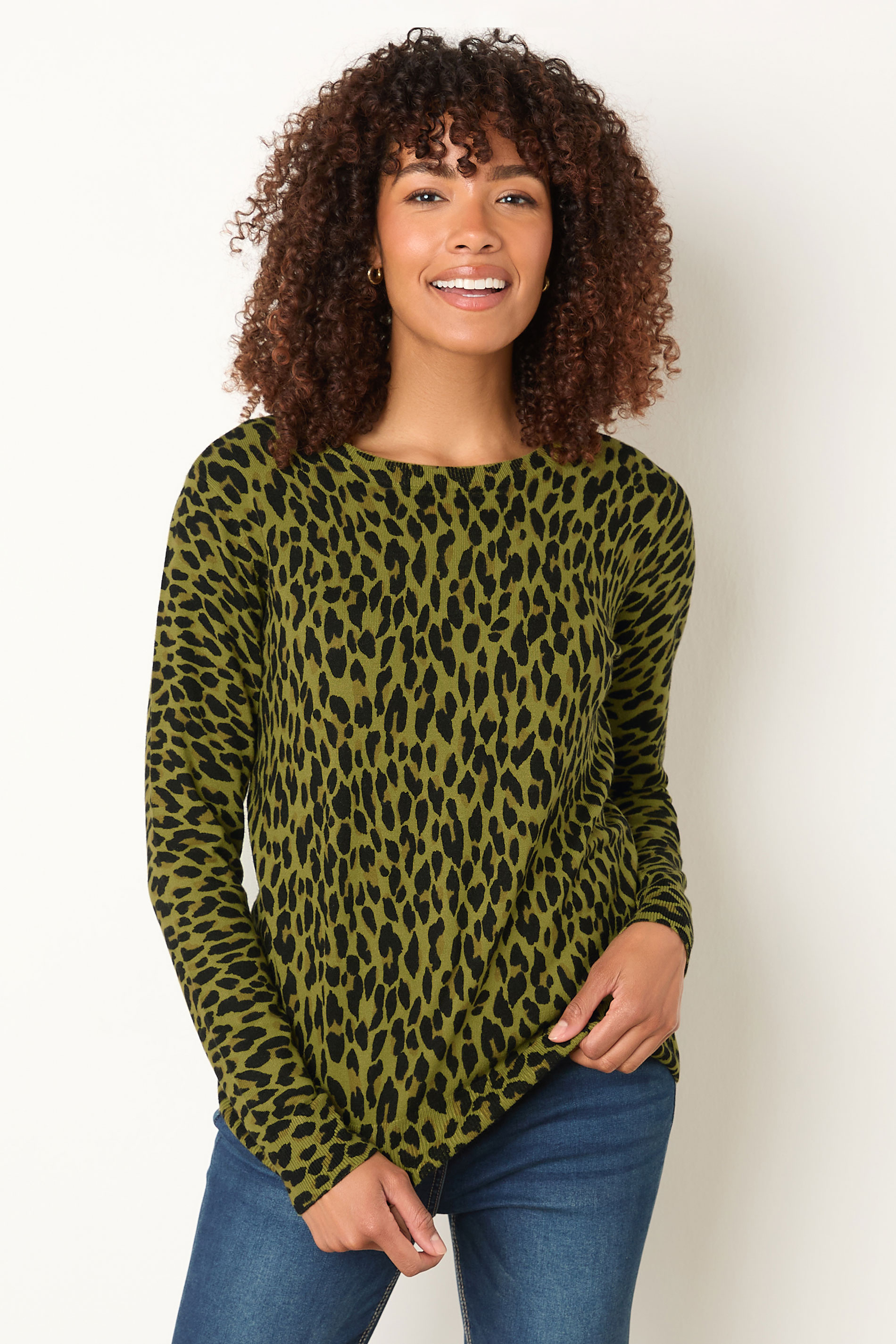 M&Co Green Leopard Print Crew Neck Jumper | M&Co 3