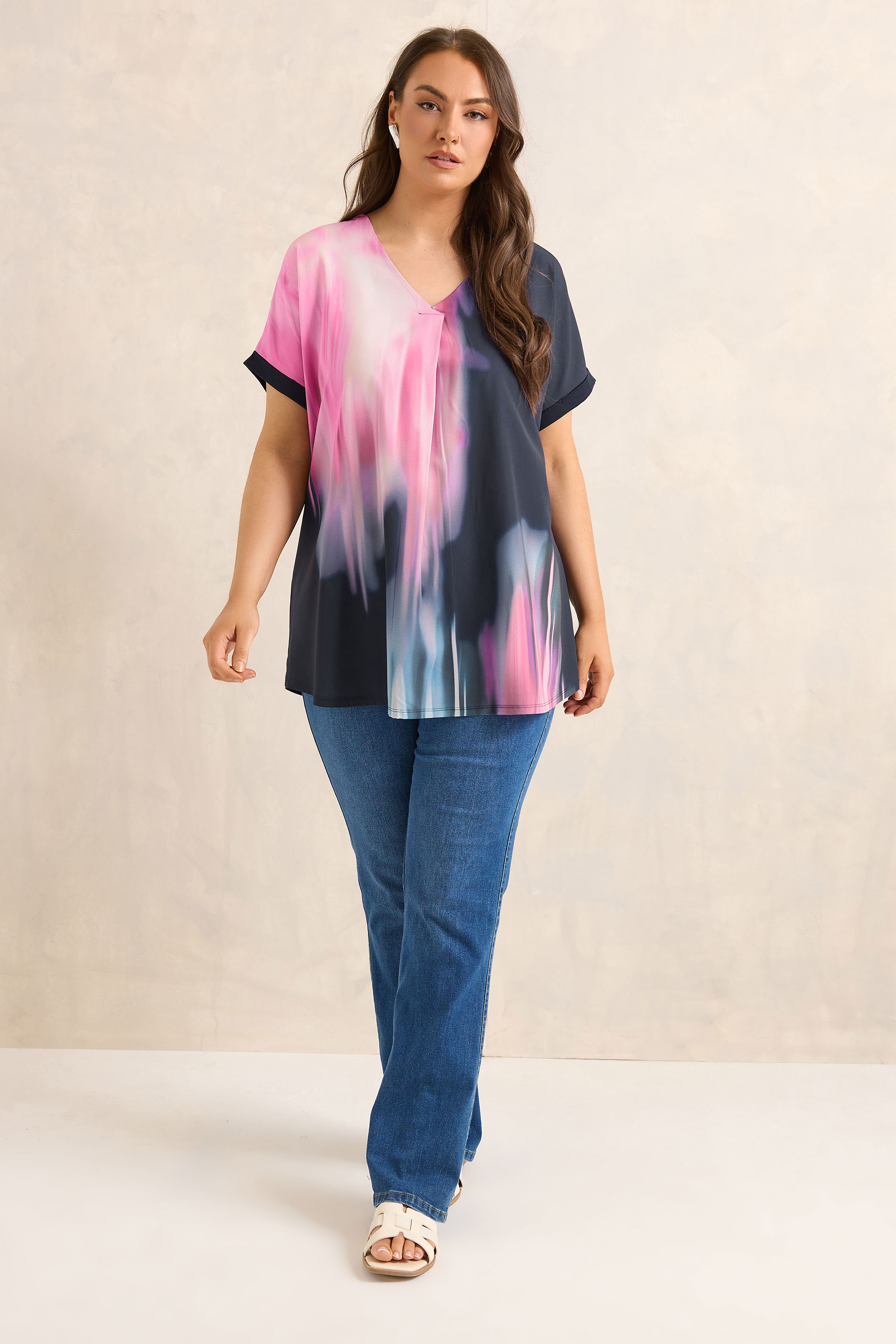 EVANS Plus Size Navy Blue & Pink Blurred Top 1