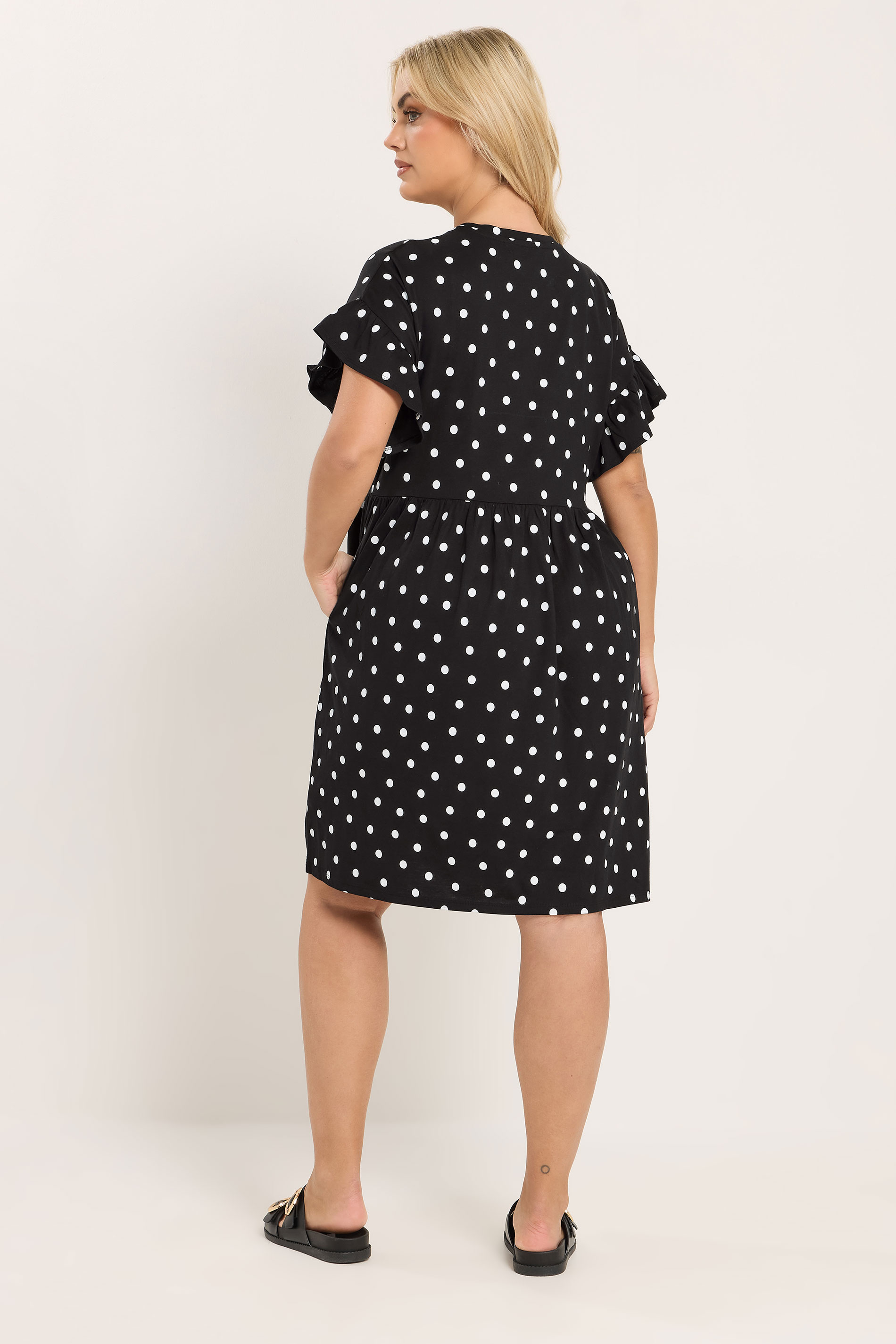 YOURS Plus Size Black Polka Dot Frill Sleeve Tunic Dress | Yours Clothing 2