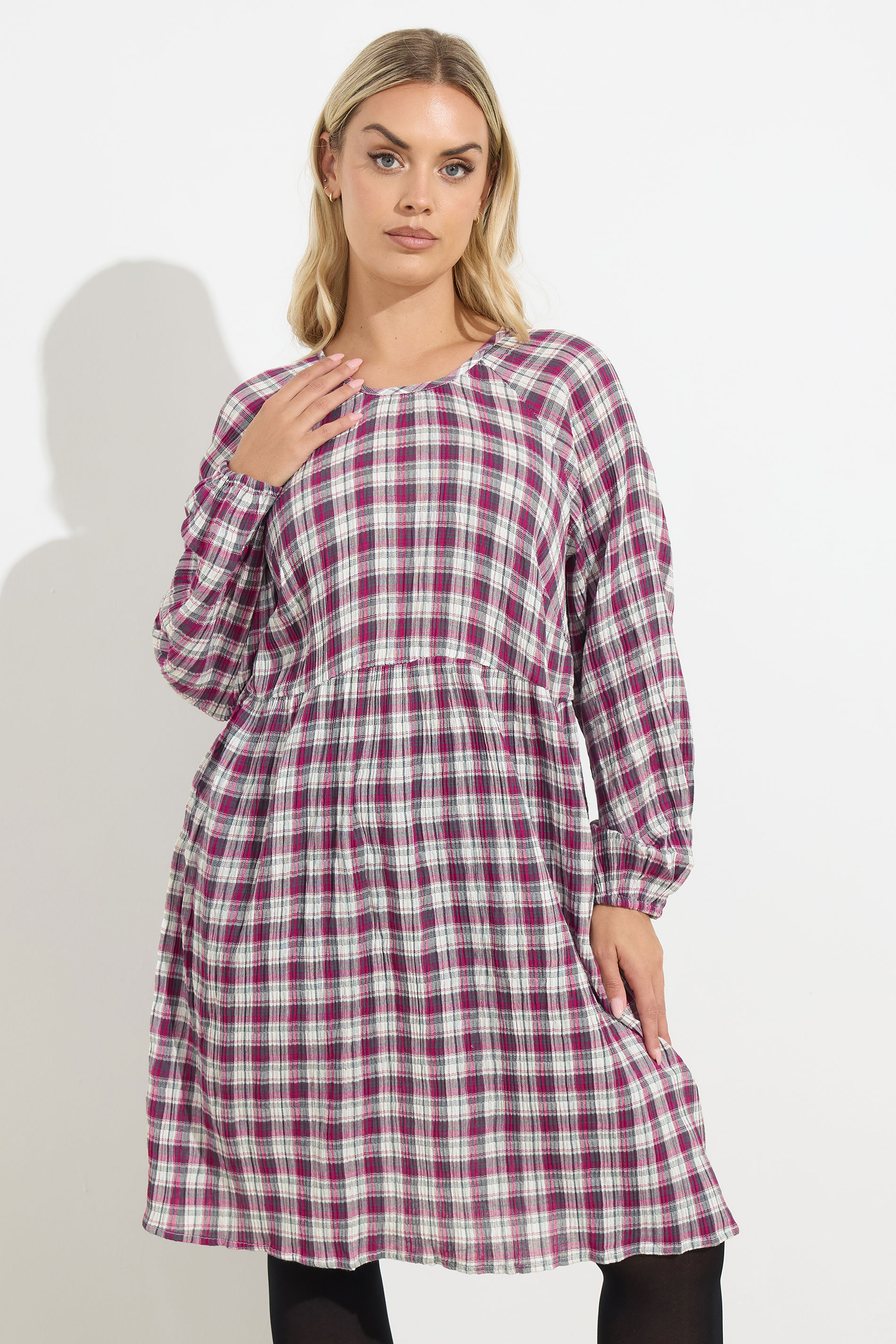 YOURS Plus Size Pink Check Textured Smock Dress | Yours Clothing  3