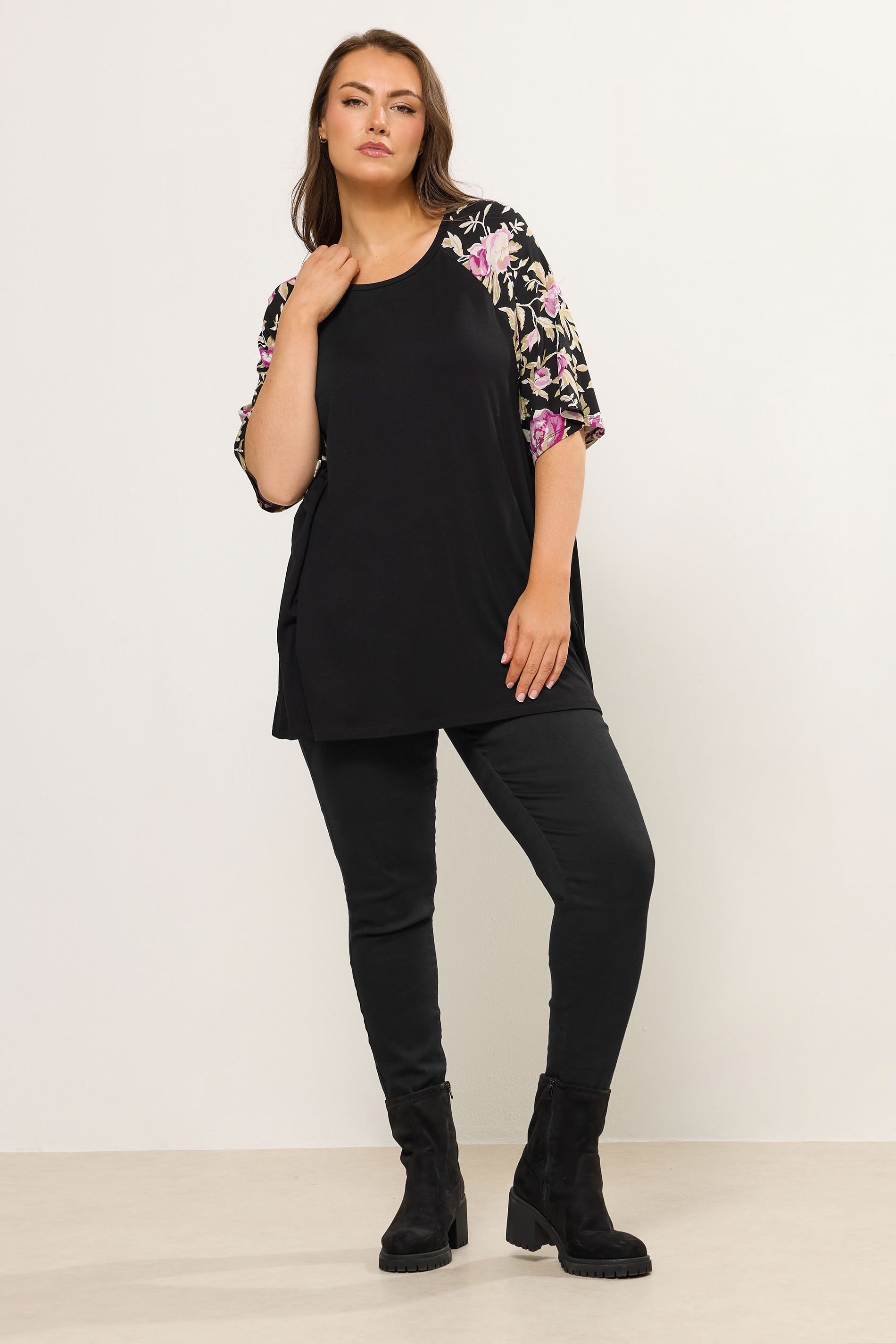 YOURS Plus Size Black Floral Raglan Sleeve T-Shirt | Yours Clothing 1