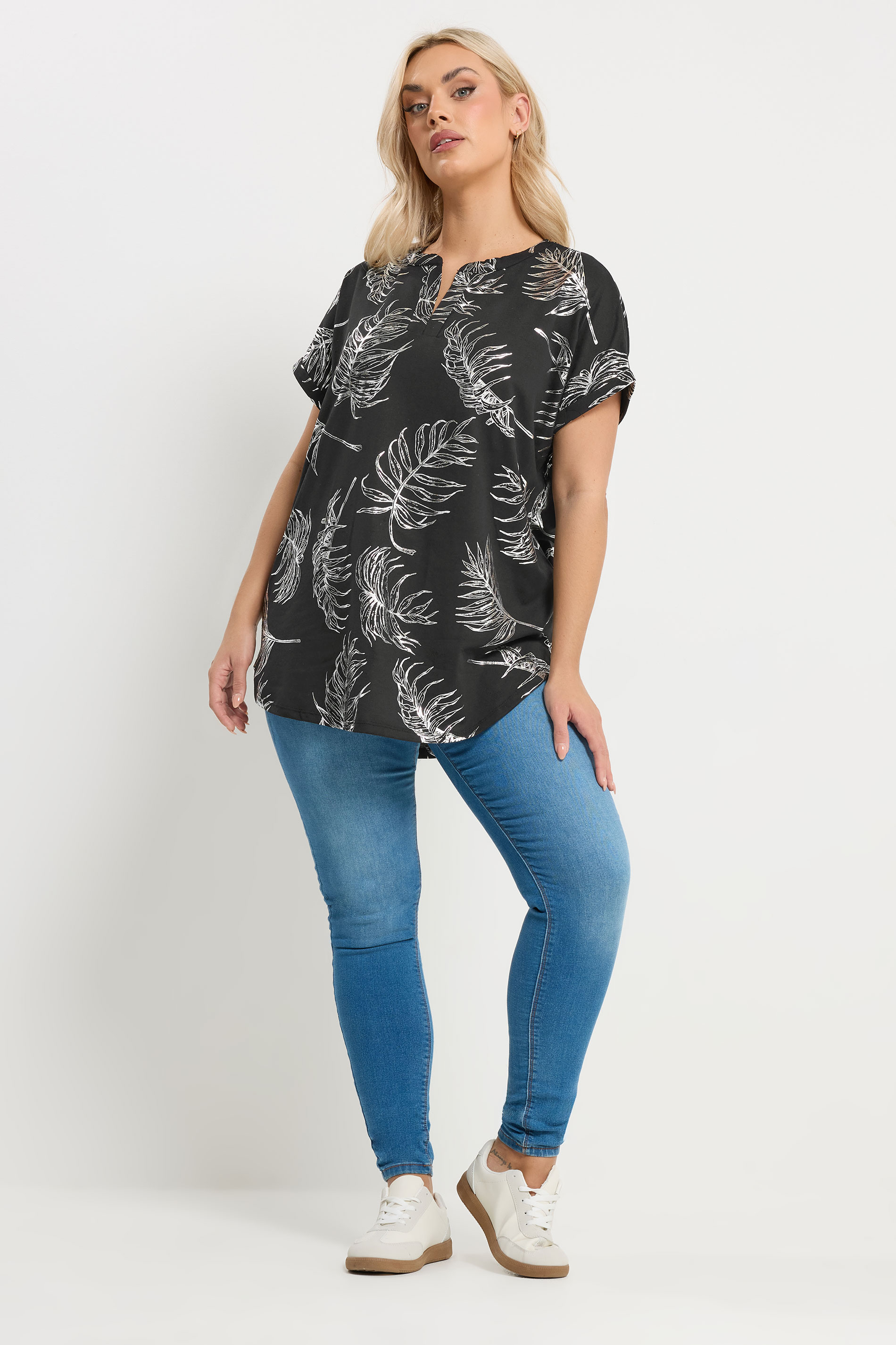 YOURS Plus Size Leaf Print Notch Neck Top | Yours Clothing 1