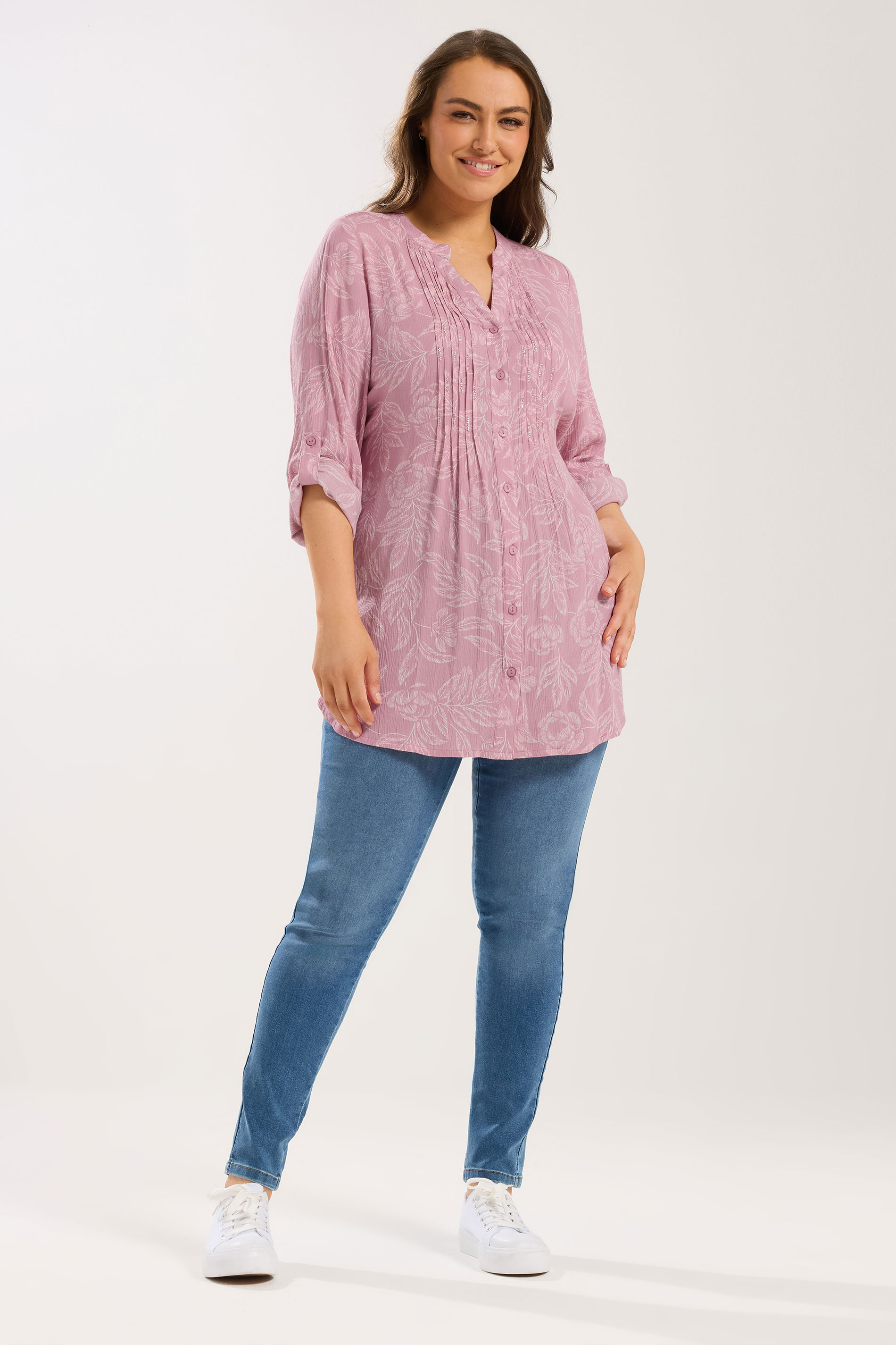 YOURS Plus Size Pink Leaf Print Pintuck Blouse | Yours Clothing 1