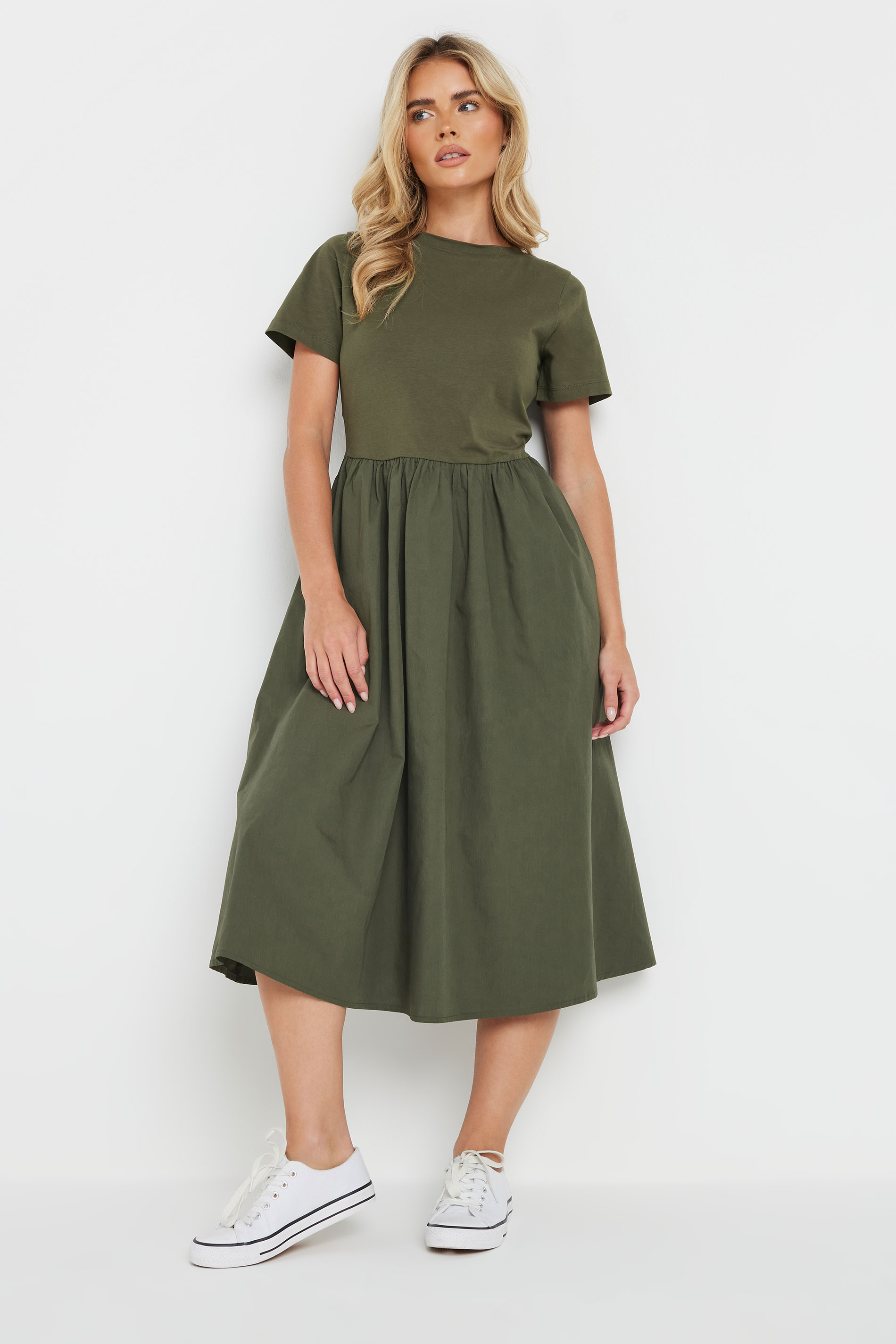 M&Co Petite Khaki Green Short Sleeve Cotton Midi Dress | M&Co 1