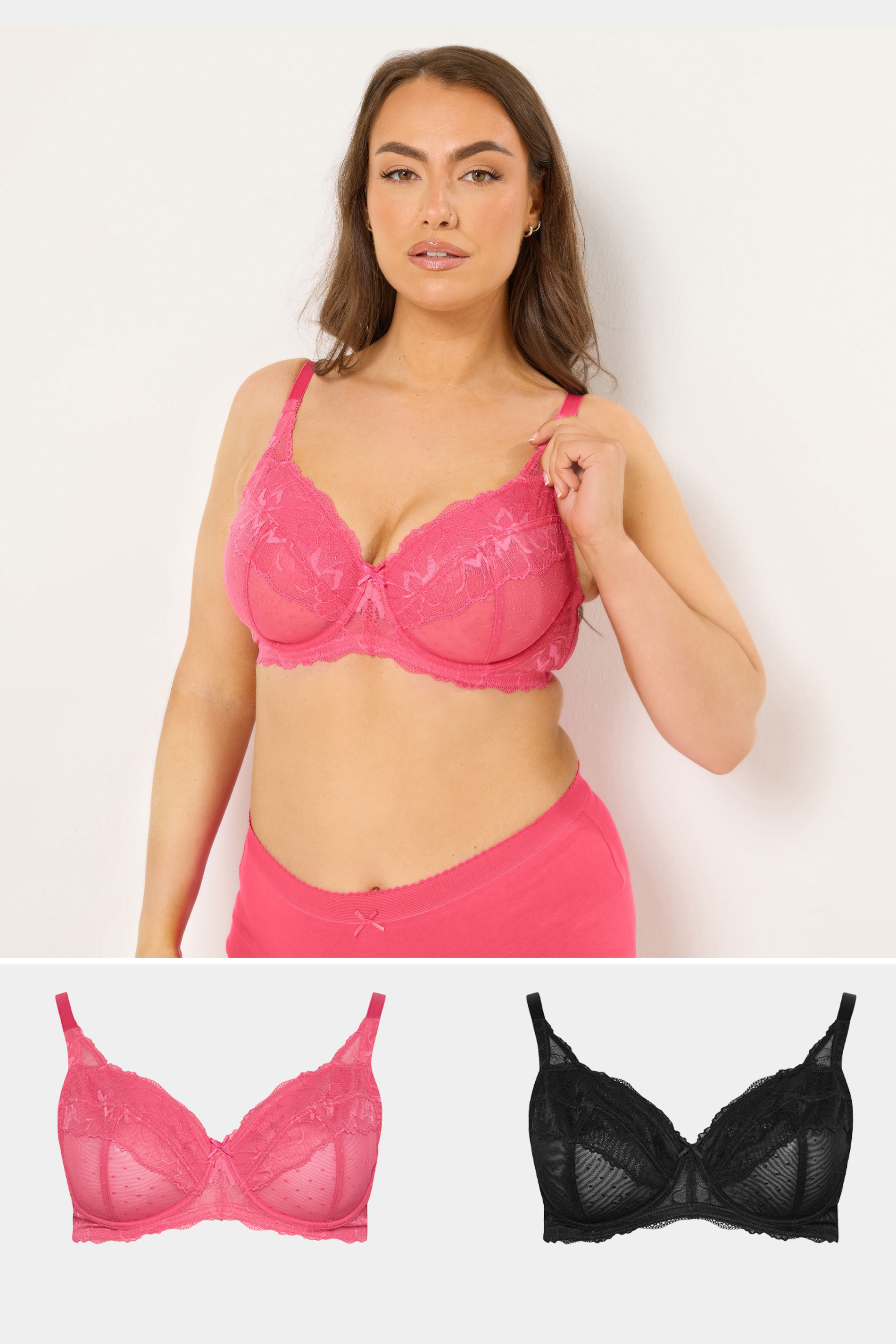 YOURS 2 PACK Plus Size Pink & Black Polka Dot Non Padded Underwired Bras | Yours Clothing 1