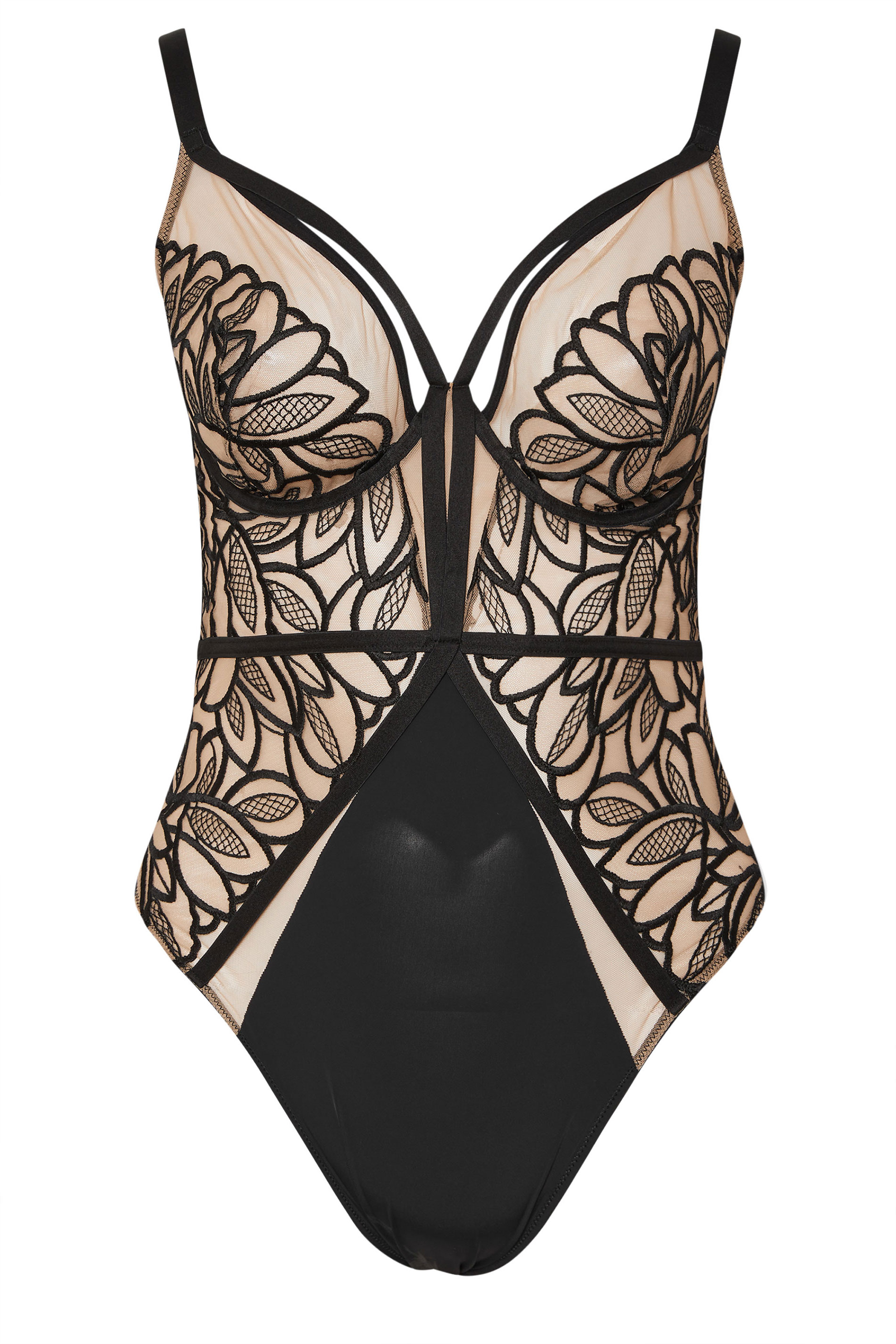 PLAYFUL PROMISES Plus Size Black Floral Embroidered Strappy Bodysuit | Yours Clothing 3