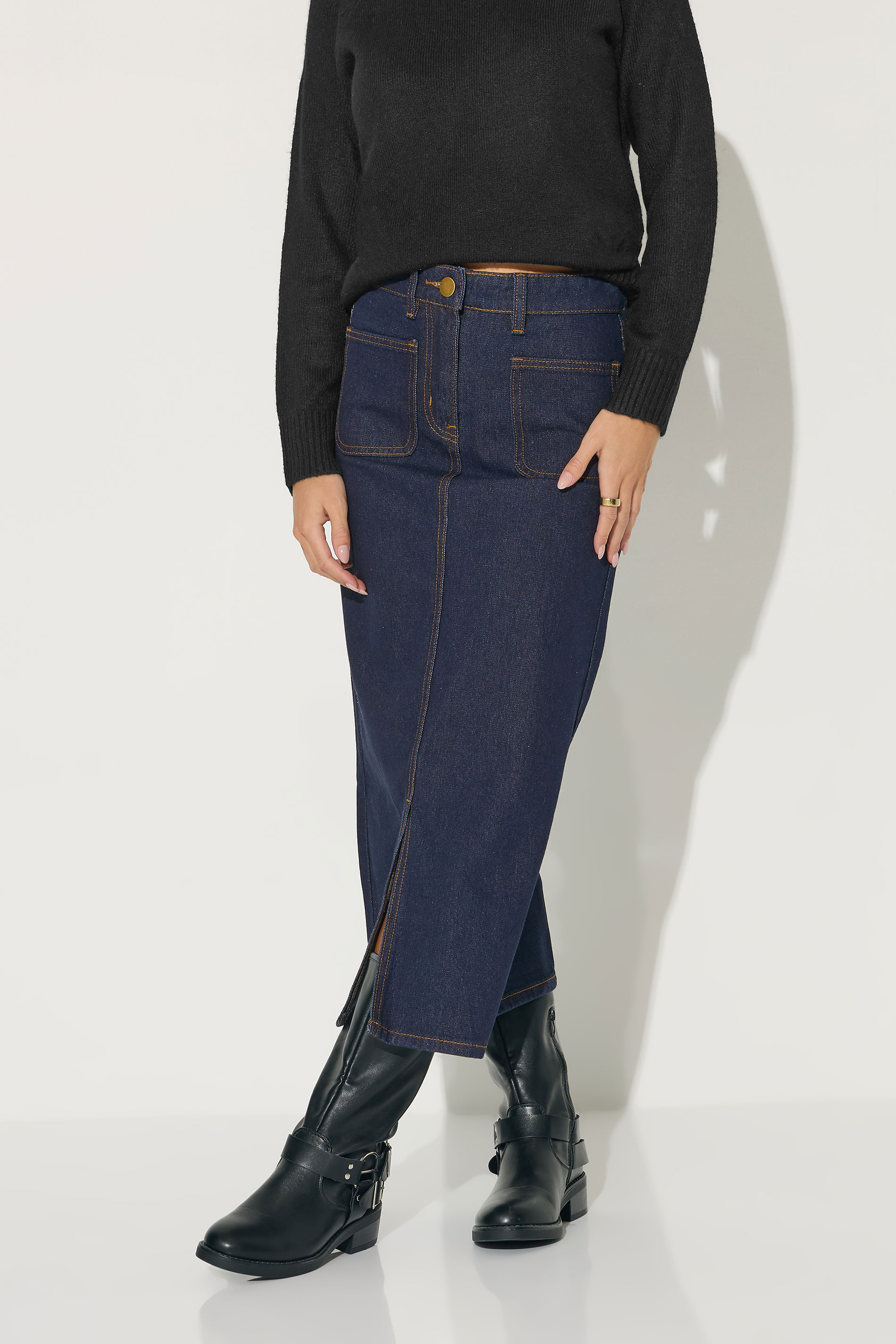 PixieGirl Petite Women's Dark Blue Pocket Patch Denim Skirt | PixieGirl 1
