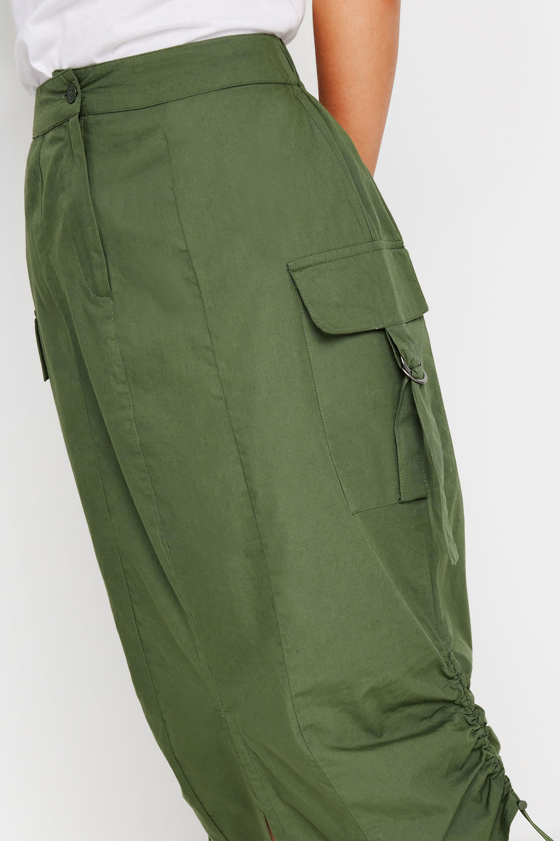 PixieGirl Khaki Green Ruched Cotton Cargo Midi Skirt | PixieGirl  4