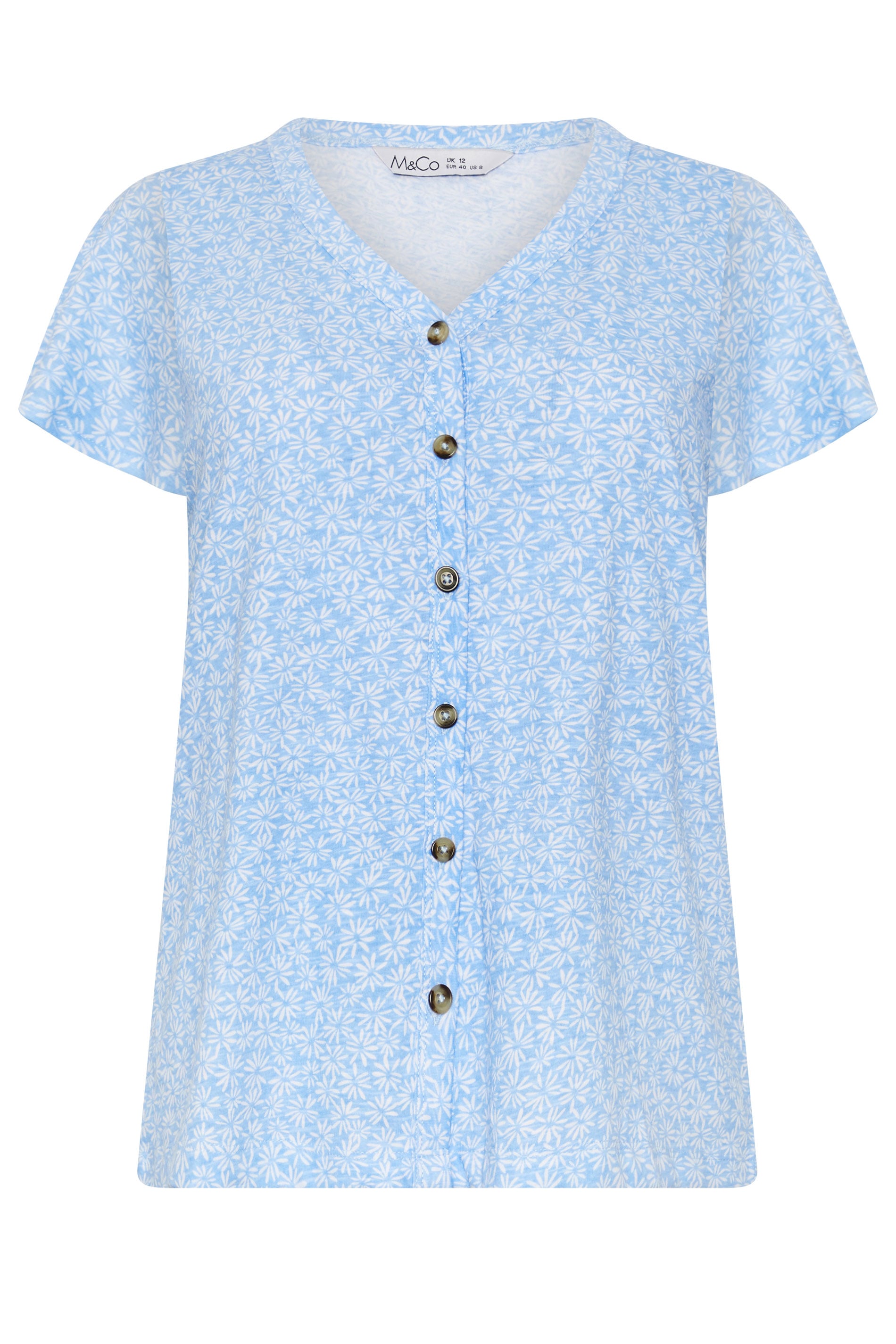 M&Co Blue Floral Print Cotton Frill Sleeve Blouse | M&Co 5