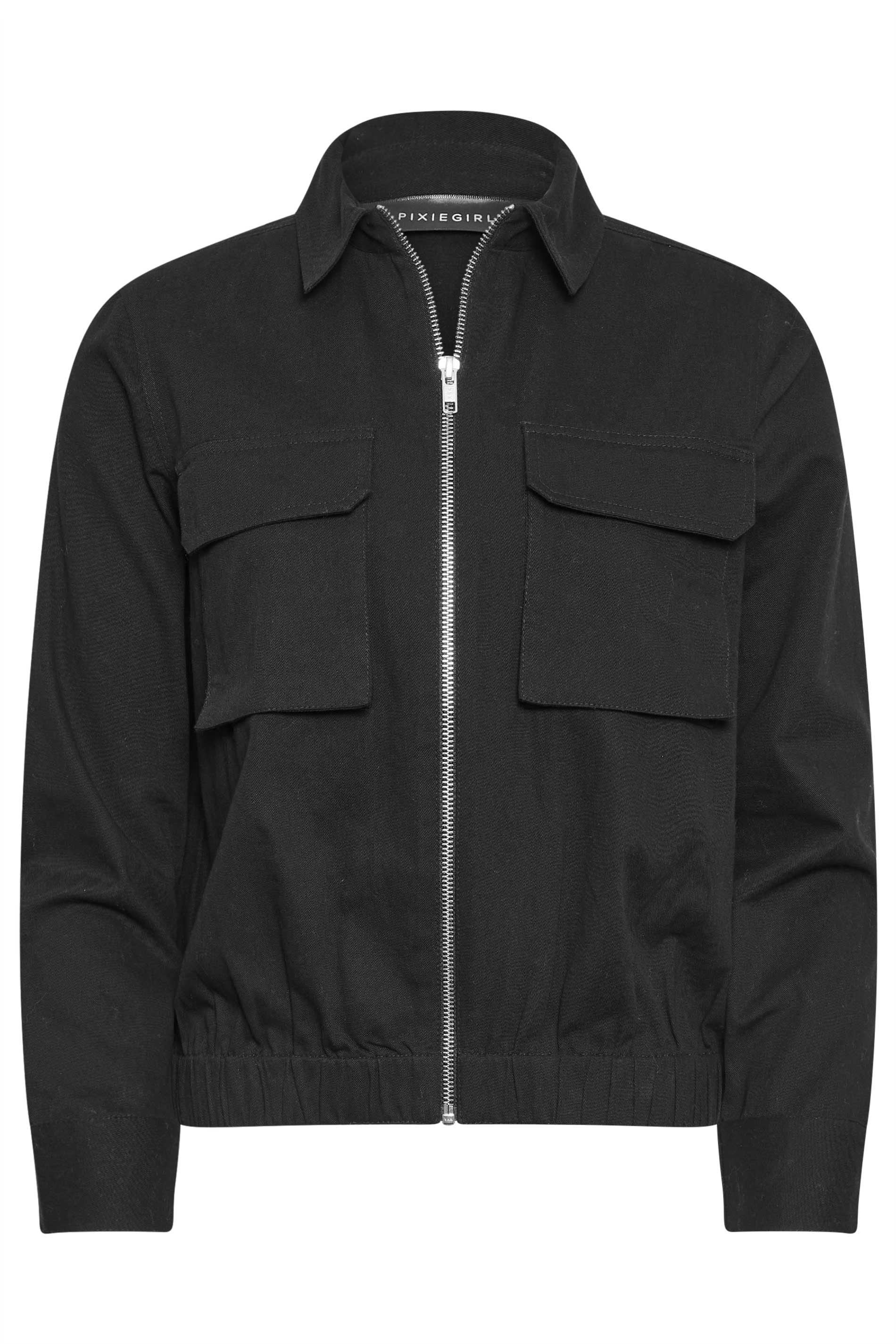 PixieGirl Black Cotton Collared Bomber Jacket | PixieGirl  5