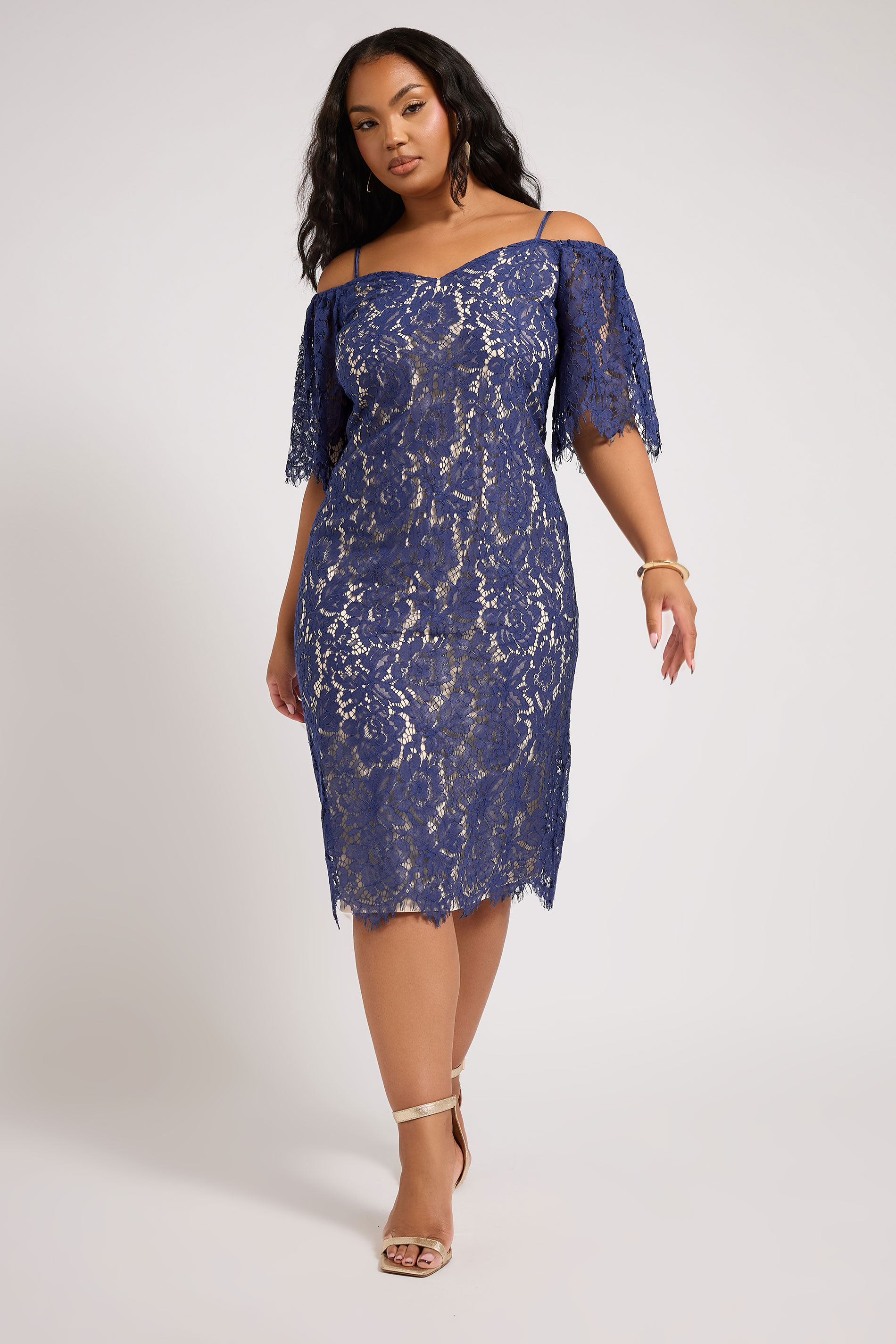 YOURS LONDON Plus Size Blue Lace Cold Shoulder Dress | Yours Clothing 1