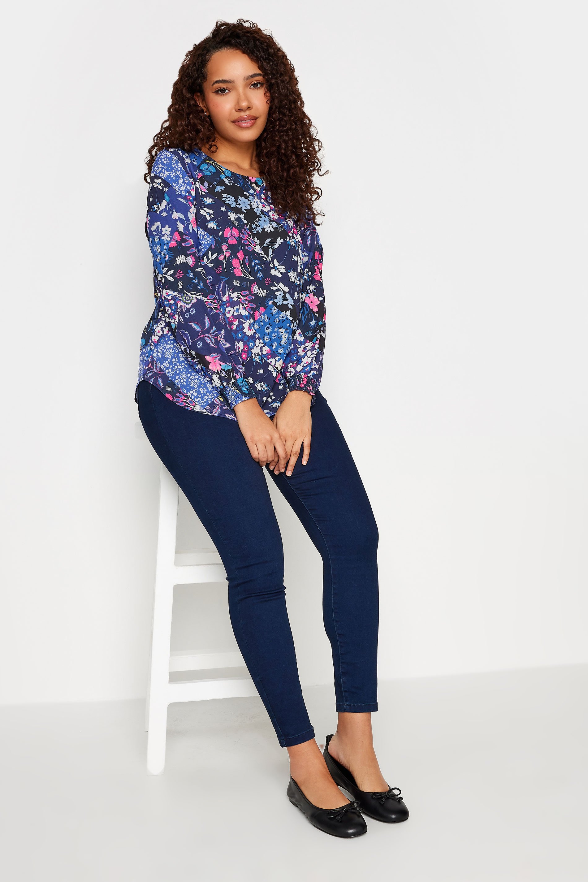 M&Co Navy Blue Floral Print Shirred Cuff Blouse | M&Co 2