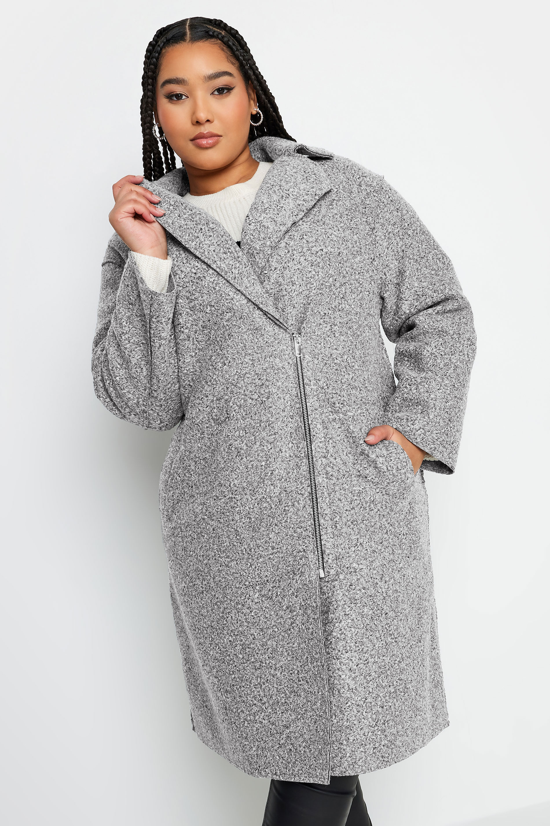 YOURS Curve Grey Boucle Biker Coat | Yours Clothing 1