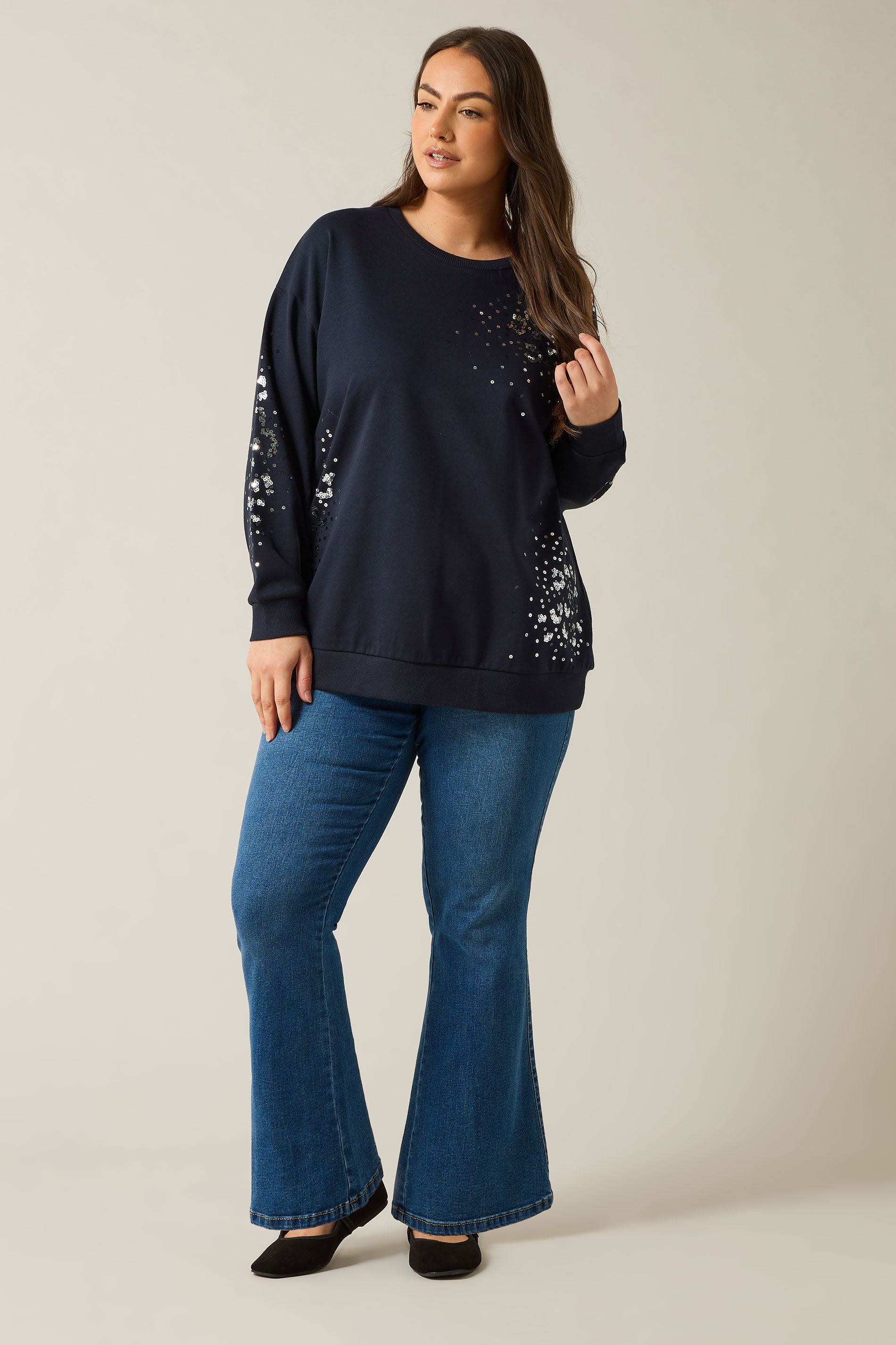 EVANS Plus Size Navy Blue Leopard Sequin Embellished Sweatshirt | Evans 2
