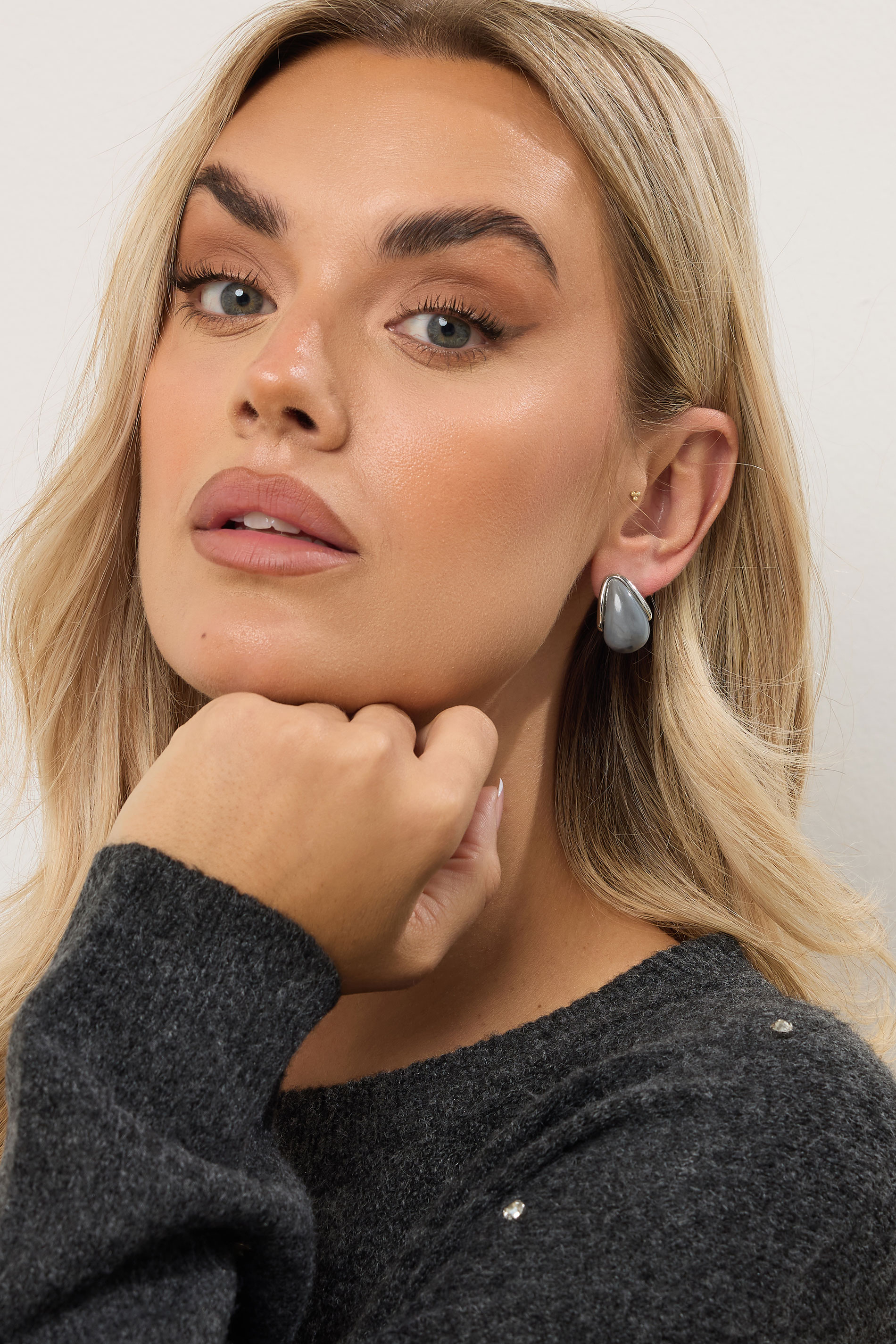 Silver Tone Marble Teardrop Stud Earrings | Yours Clothing 1