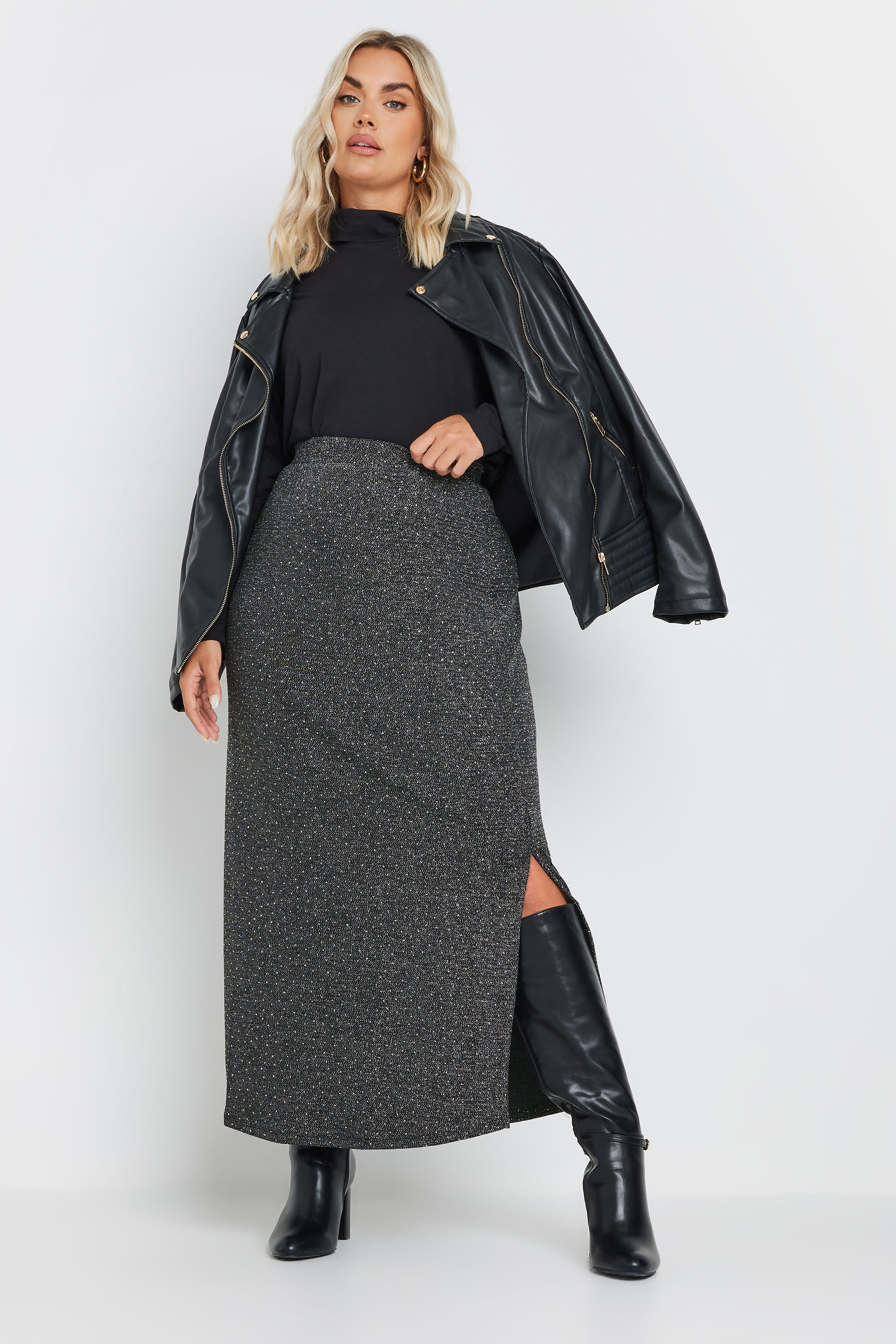 YOURS Plus Size Silver Metallic Side Split Midi Skirt | Yours Clothing 4