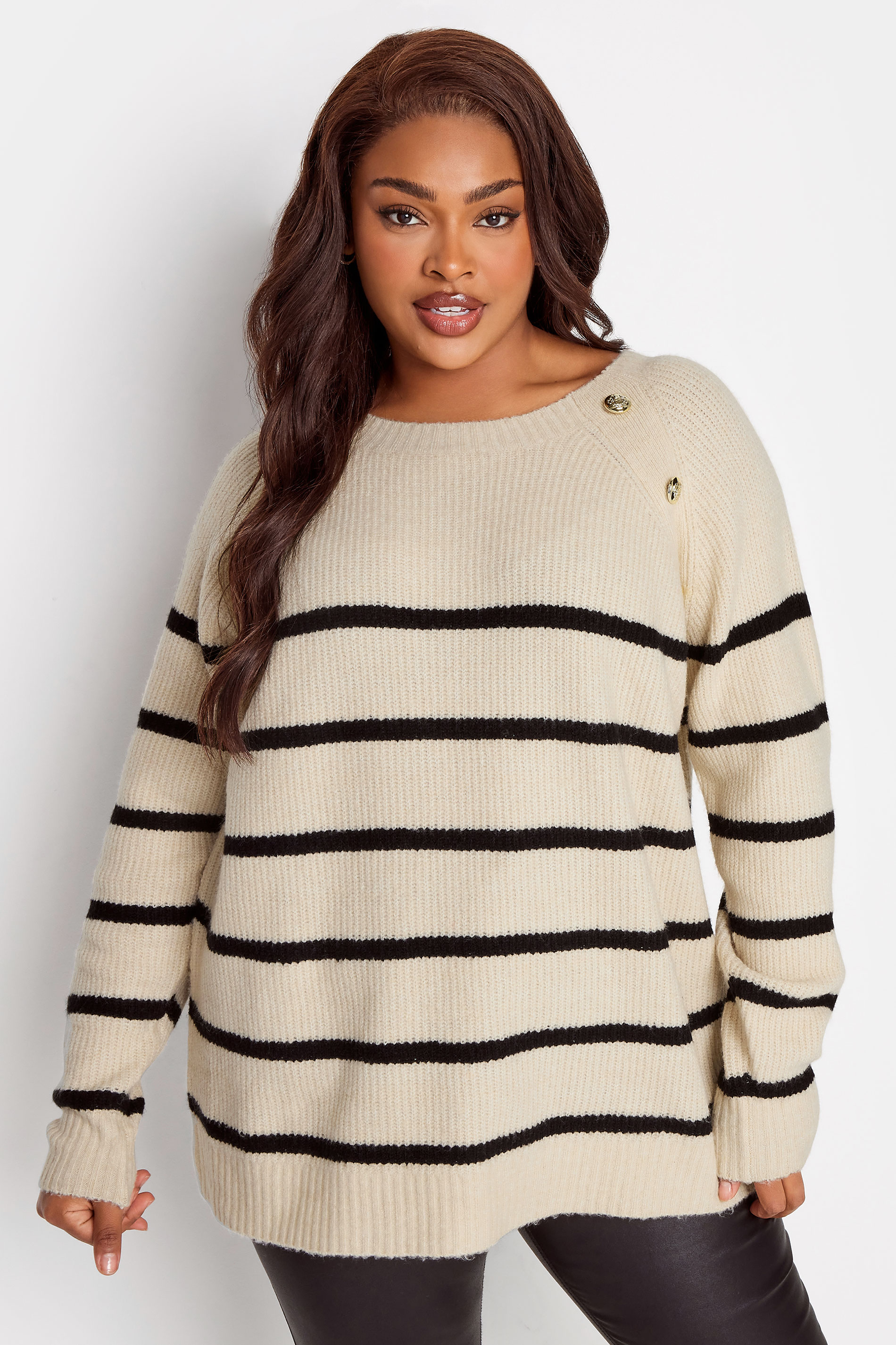 YOURS Plus Size Cream Stripe Button Detail Knitted Jumper | Yours Clothing 2