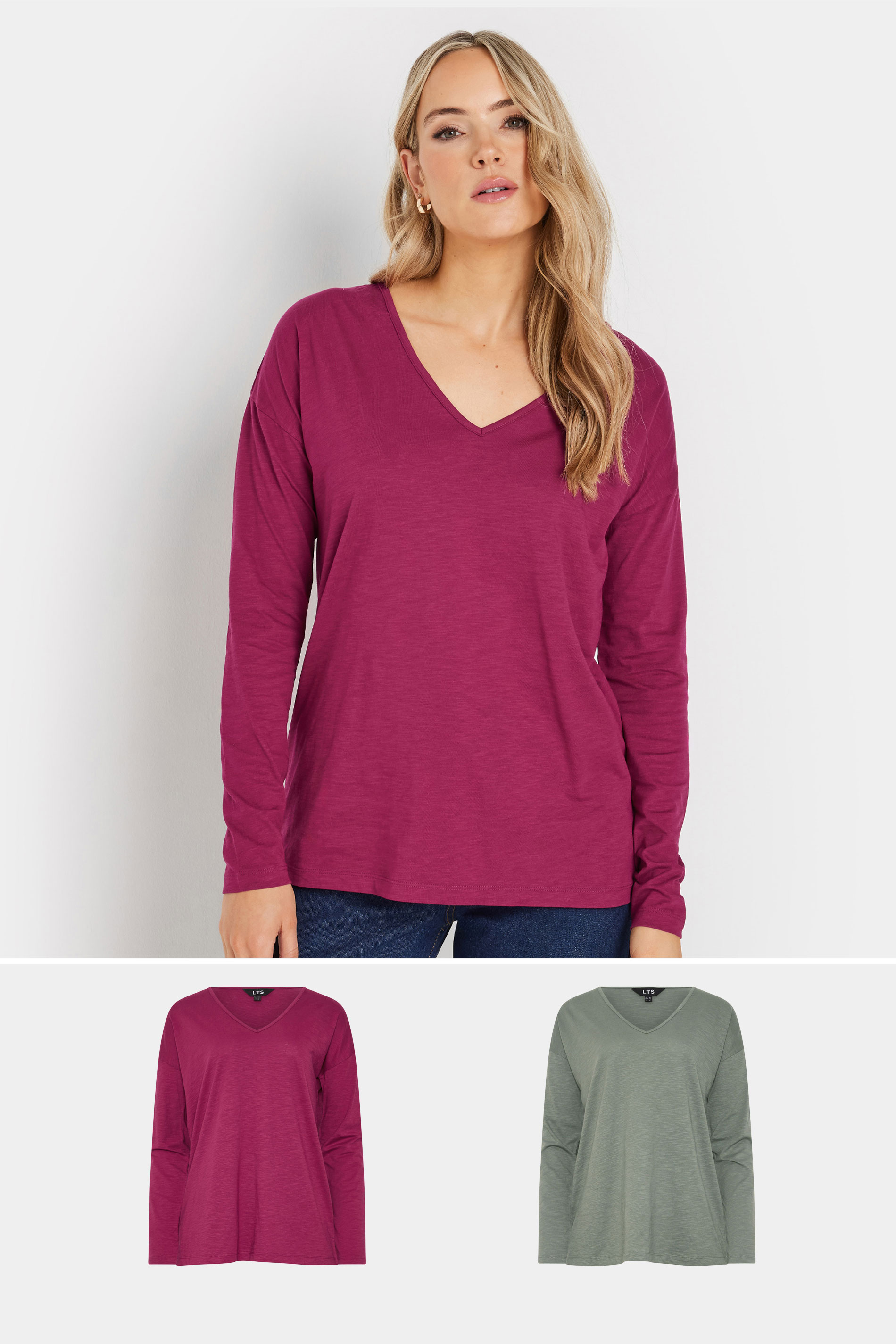 LTS Tall 2 PACK Berry Pink & Grey Cotton Long Sleeve T-Shirts | Long Tall Sally 3