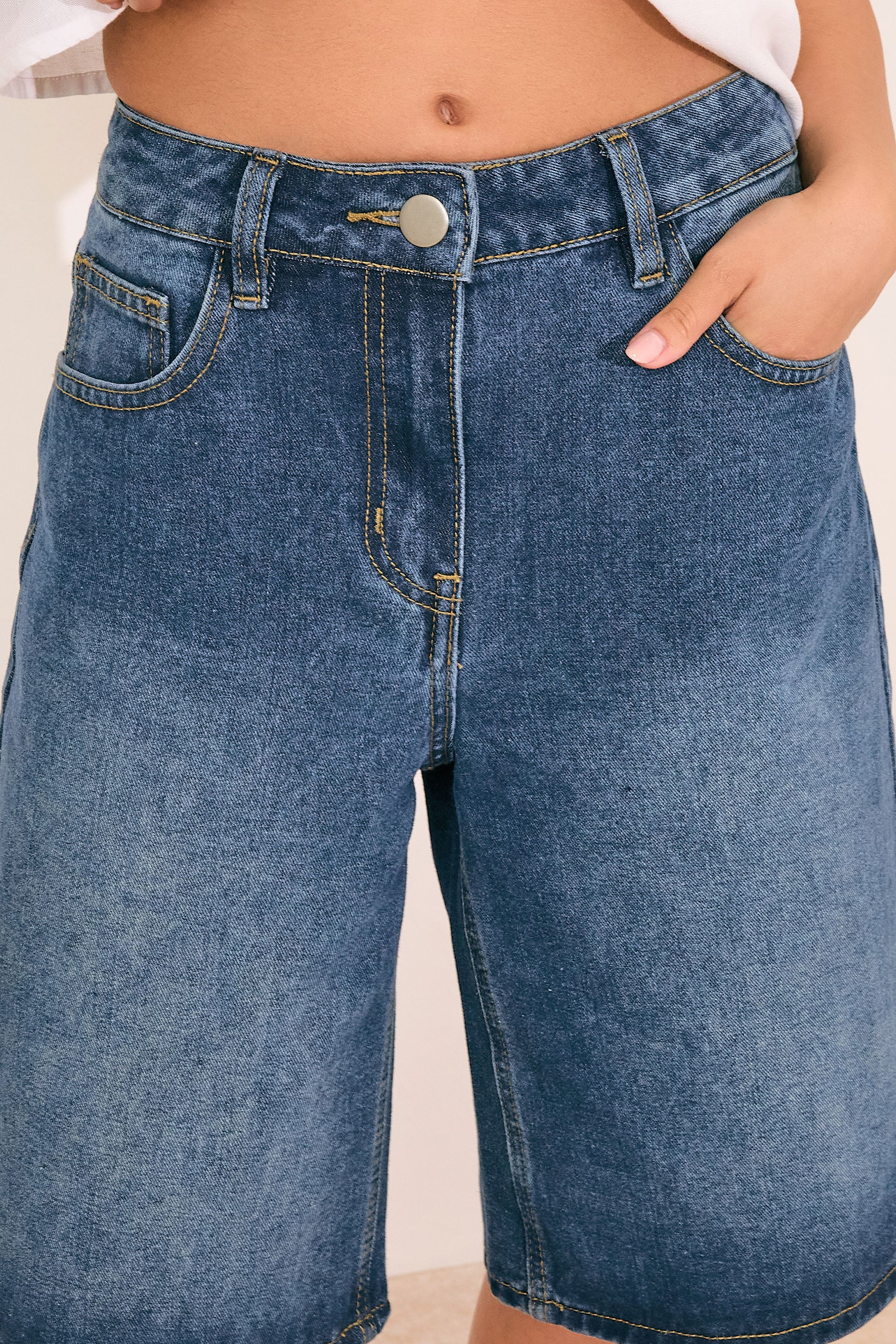PixieGirl Petite Women's Mid Blue Cotton Denim Jorts | PixieGirl 5