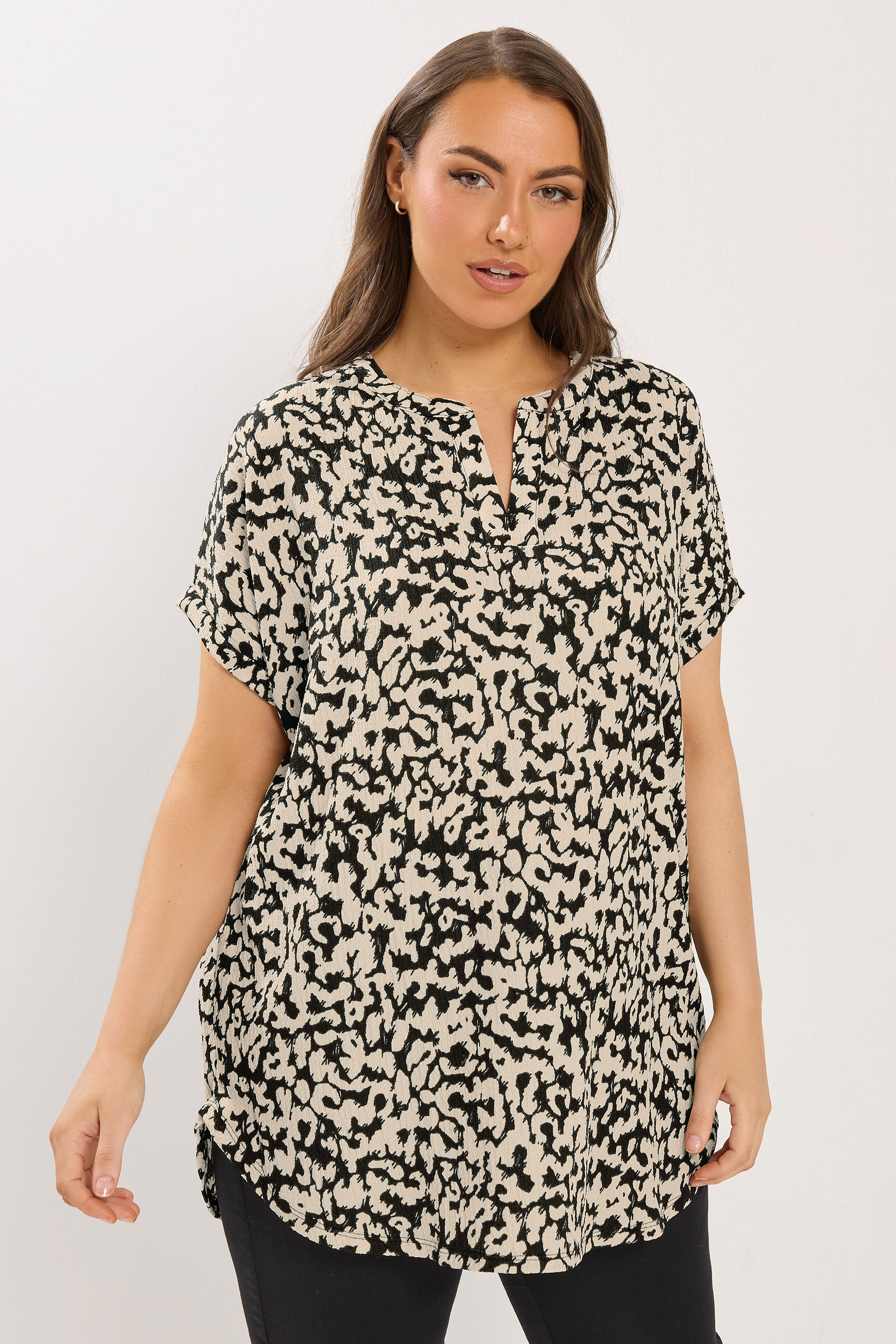 YOURS Plus Size Natural Brown Abstract Print Notch Neck Top | Yours Clothing 3