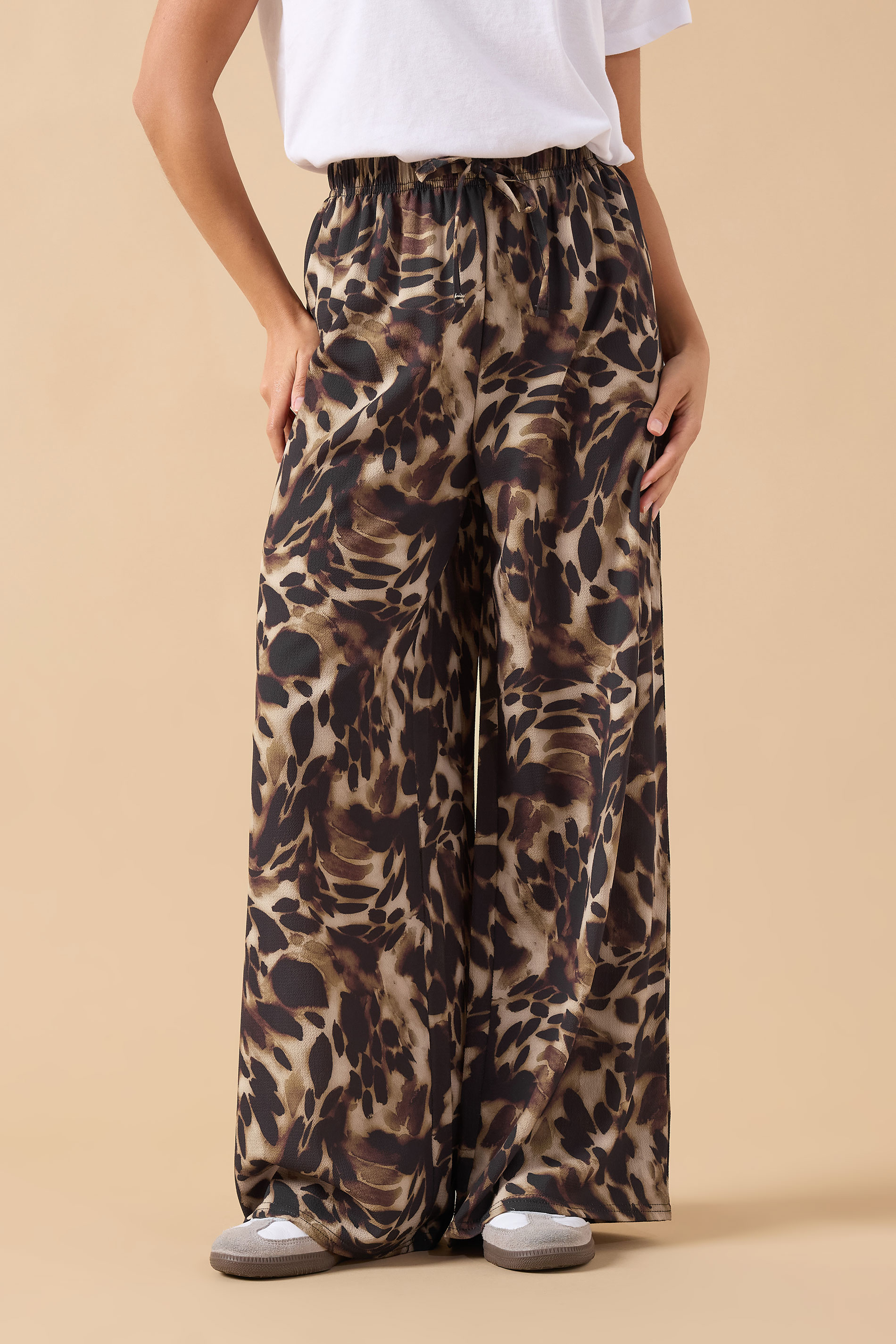 PixieGirl Petite Women's Brown Leopard Print Crepe Wide Leg Trousers | PixieGirl 1