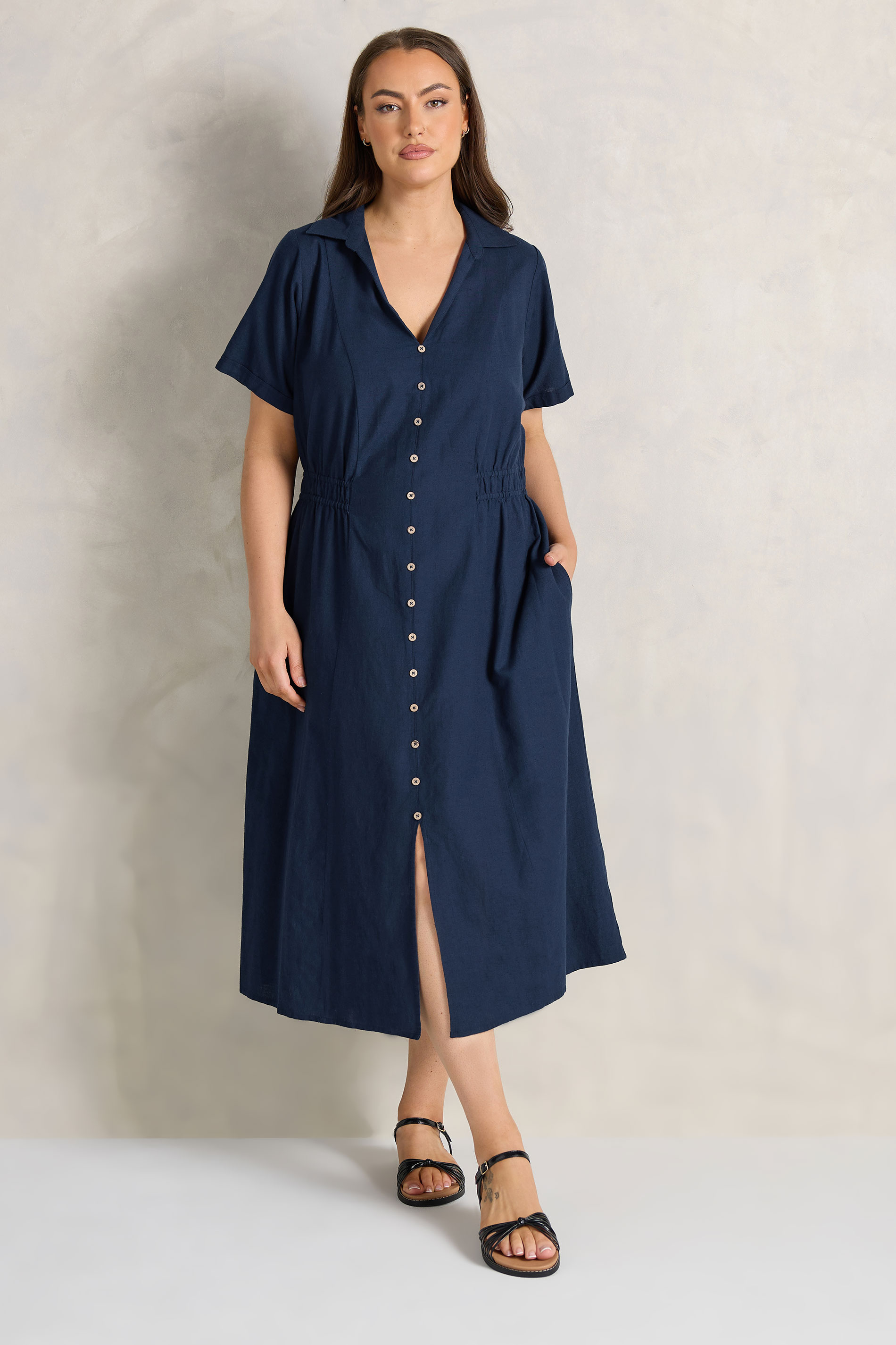 EVANS Plus Size Navy Blue Linen Shirred Waist Midi Dress | Evans 3