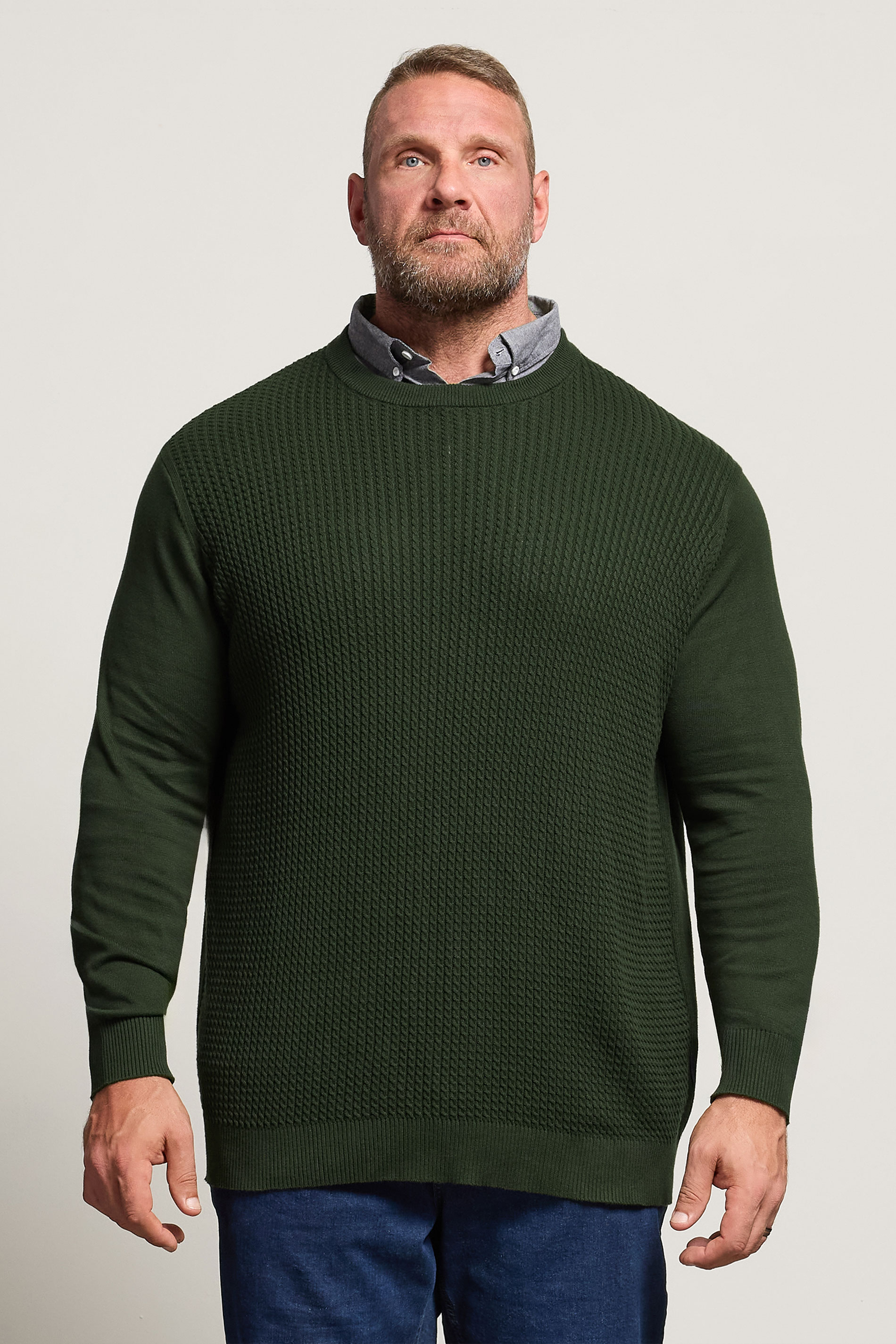 BadRhino Big & Tall Dark Green Cable Knit Mock Shirt Jumper | BadRhino 1