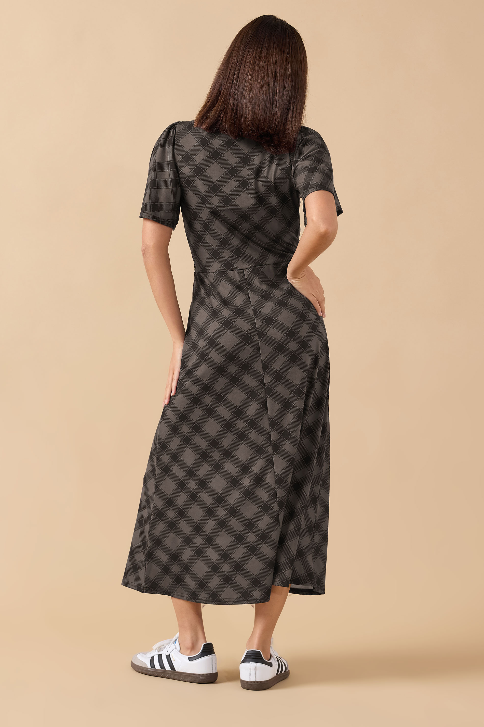 PixieGirl Petite Women's Brown Check Tie Front Midi Dress | PixieGirl 2