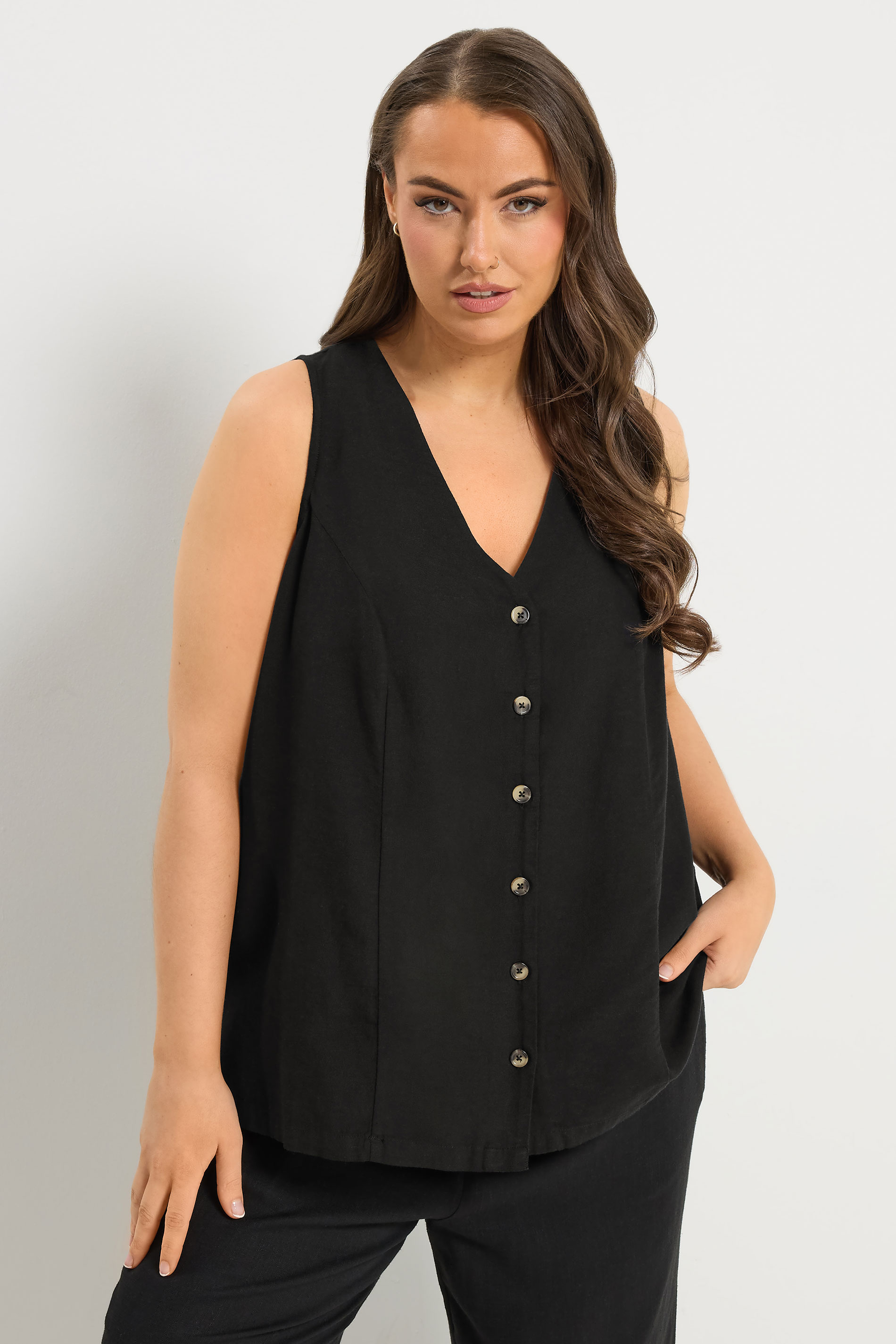 YOURS Plus Size Black Linen Waistcoat | Yours Clothing 3