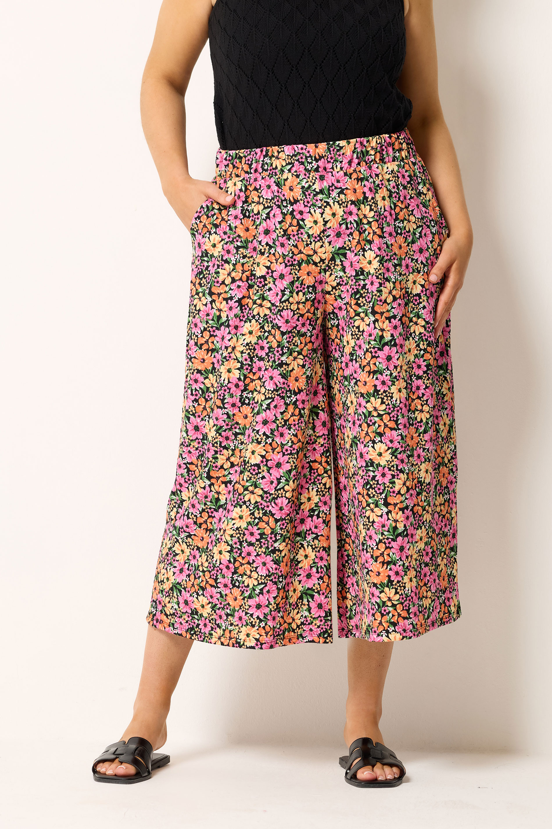 YOURS Plus Size Pink & Orange Floral Culottes | Yours Clothing 1