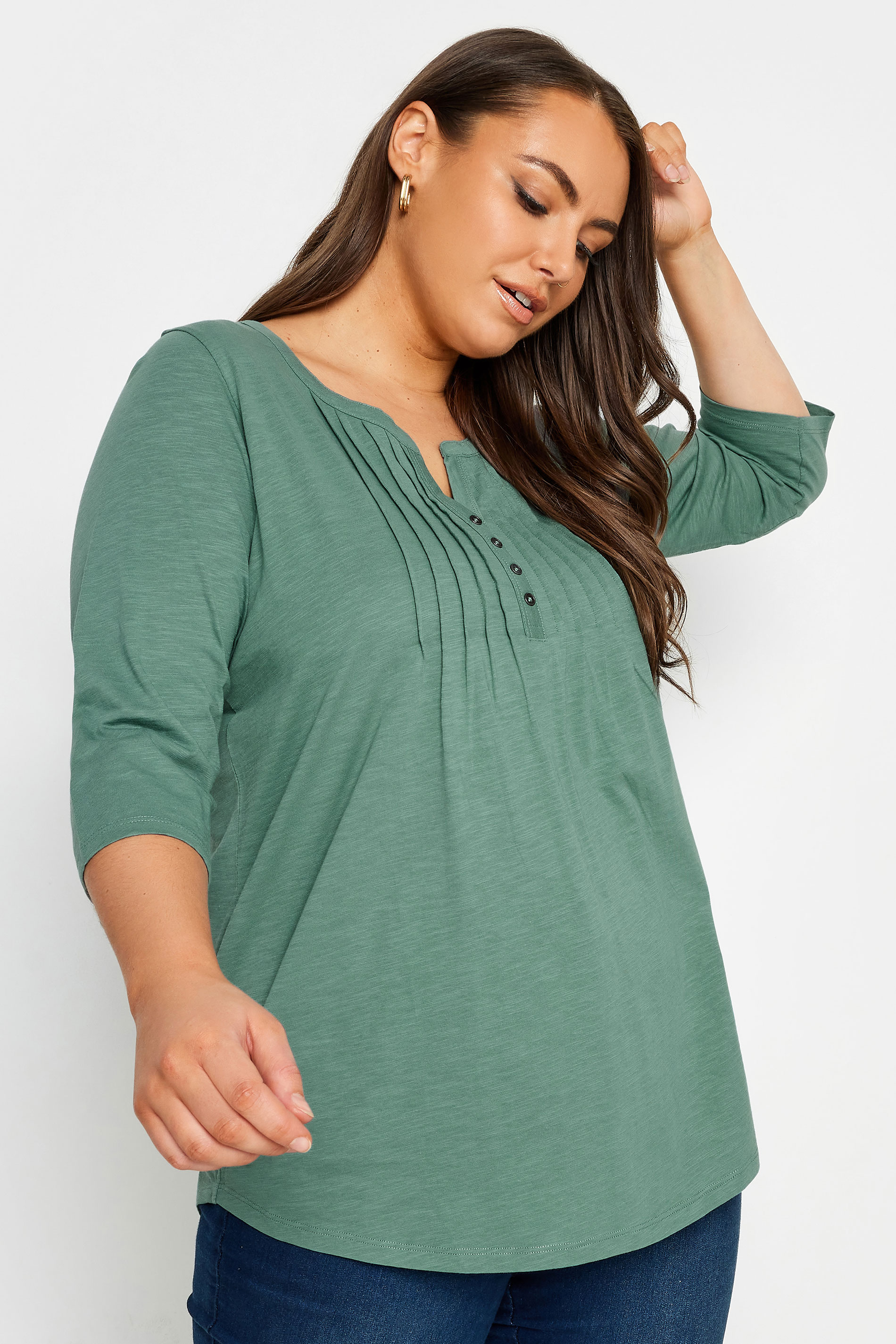 YOURS Plus Size Green Pintuck Henley T-Shirt | Yours Clothing 1