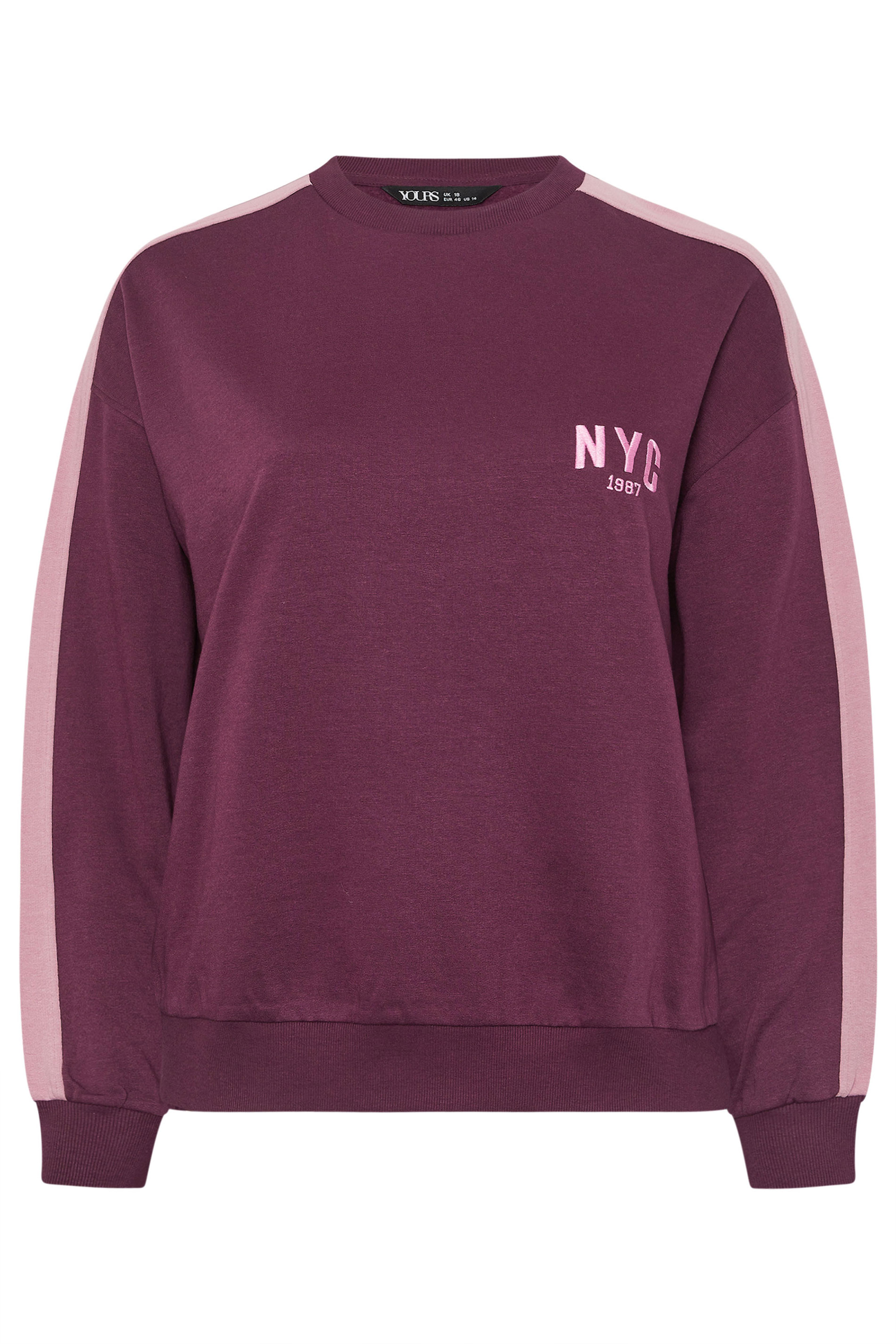YOURS Plus Size Burgundy Red 'NYC' Side Stripe Sweatshirt | Yours Clothing 8