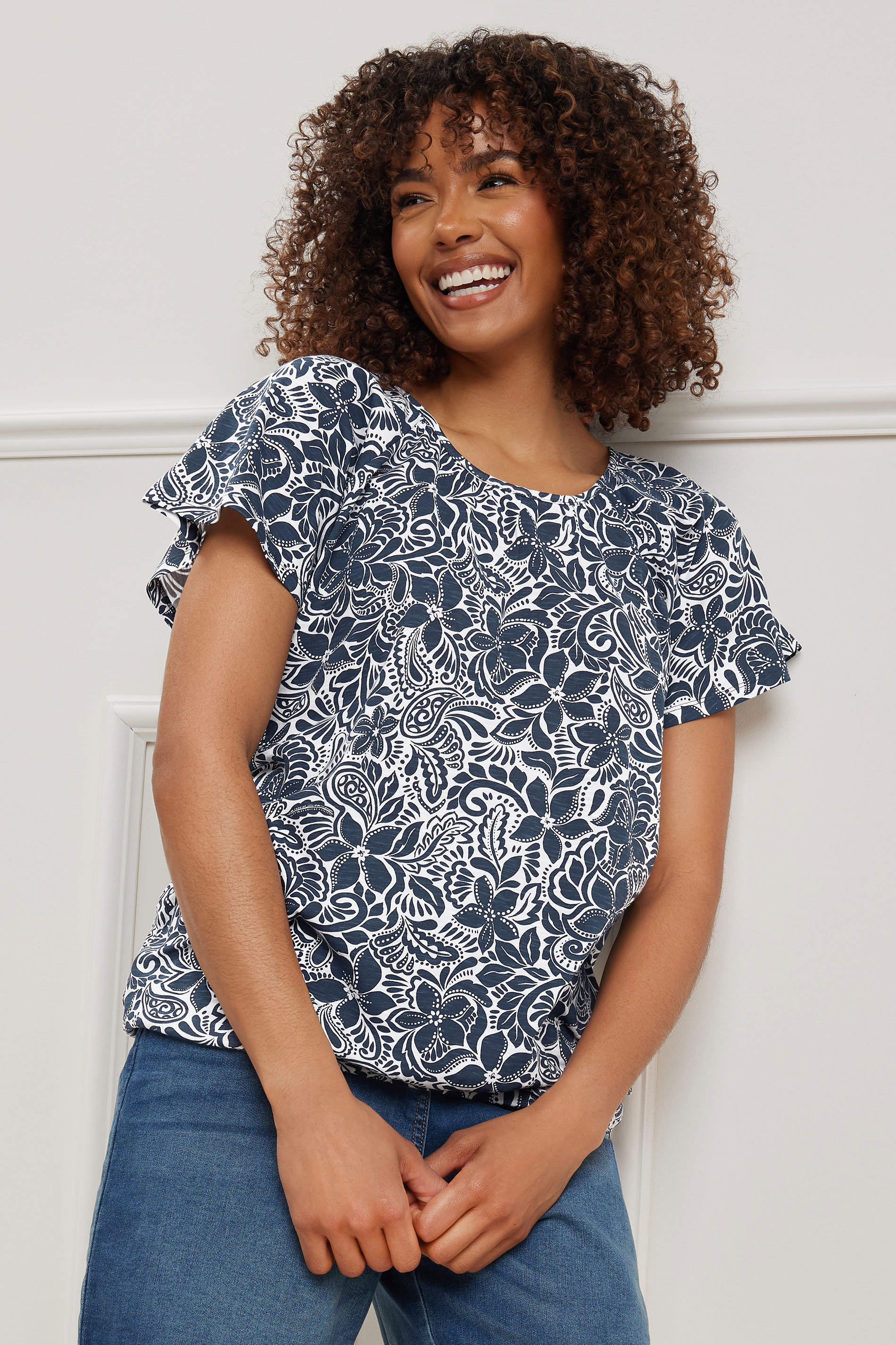  M&Co Navy Blue Floral Print Cotton Scoop Neck T-Shirt | M&Co 3