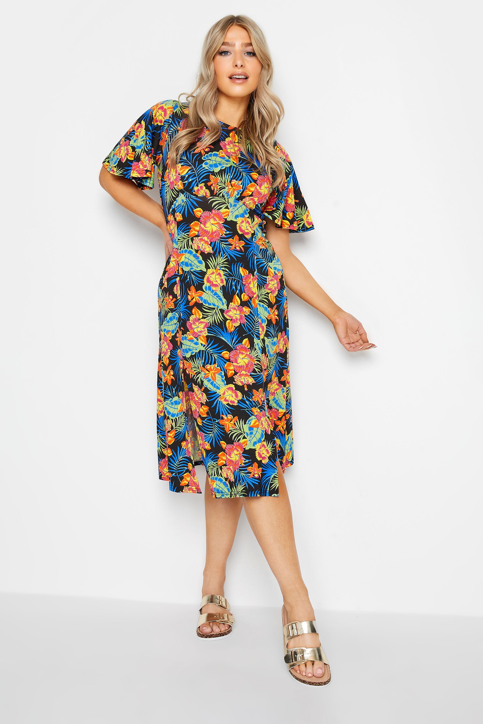 M&Co Black Floral Print Angel Sleeve Split Hem Midi Dress | M&Co 1