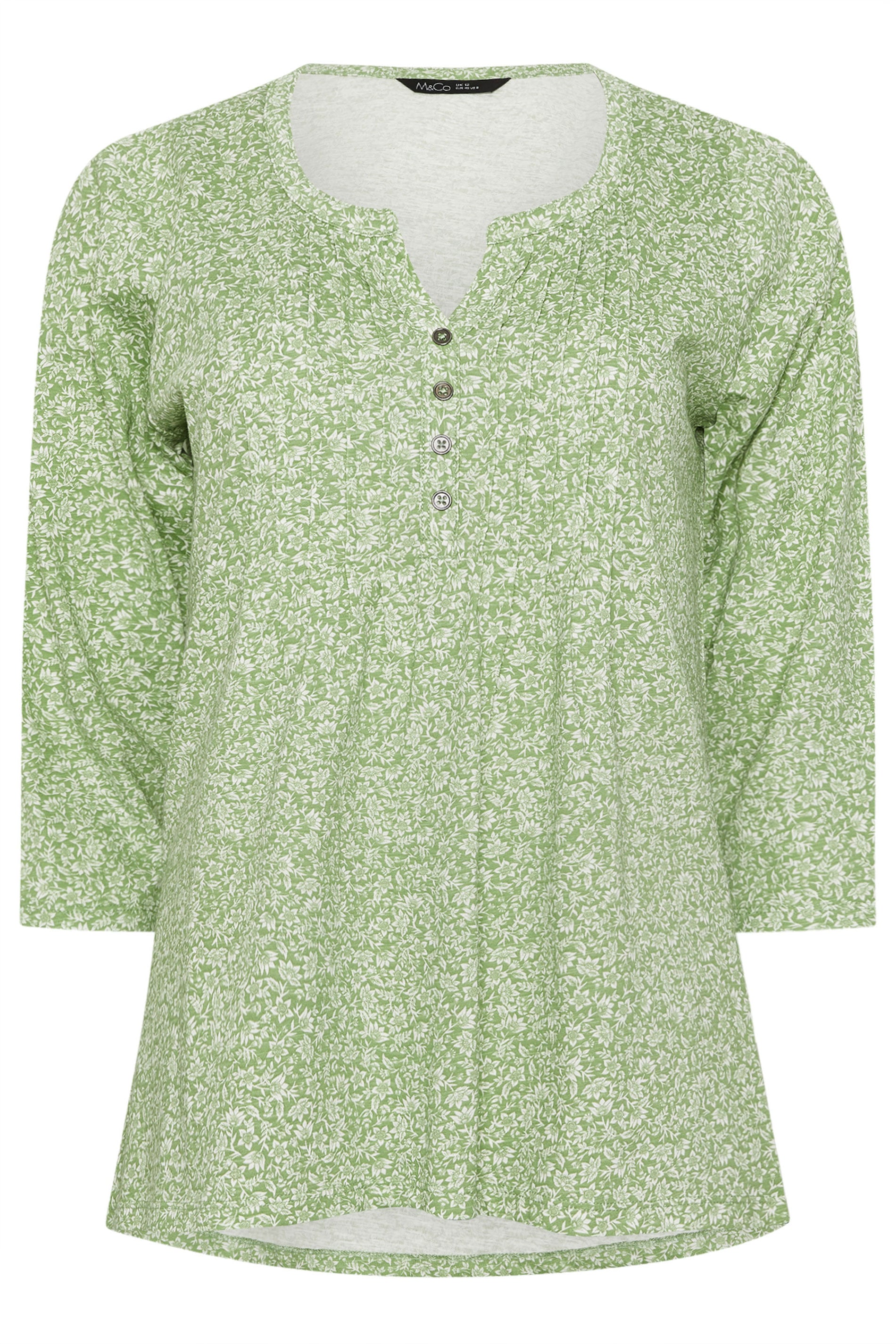 M&Co Green Floral Print Long Sleeve Cotton Henley Top | M&Co 5