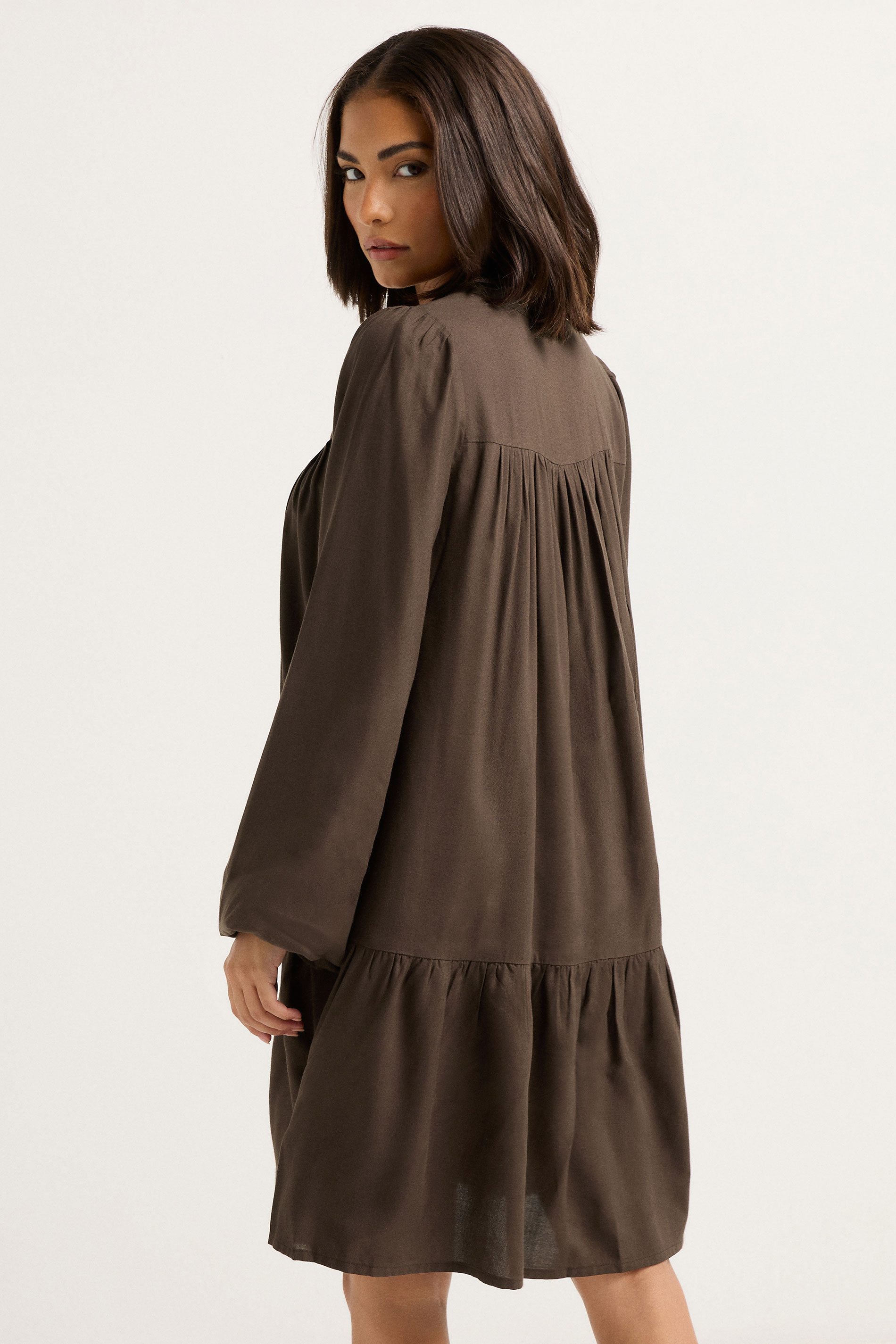 PixieGirl Petite Women's Chocolate Brown Button Smock Midi Dress | PixieGirl 2