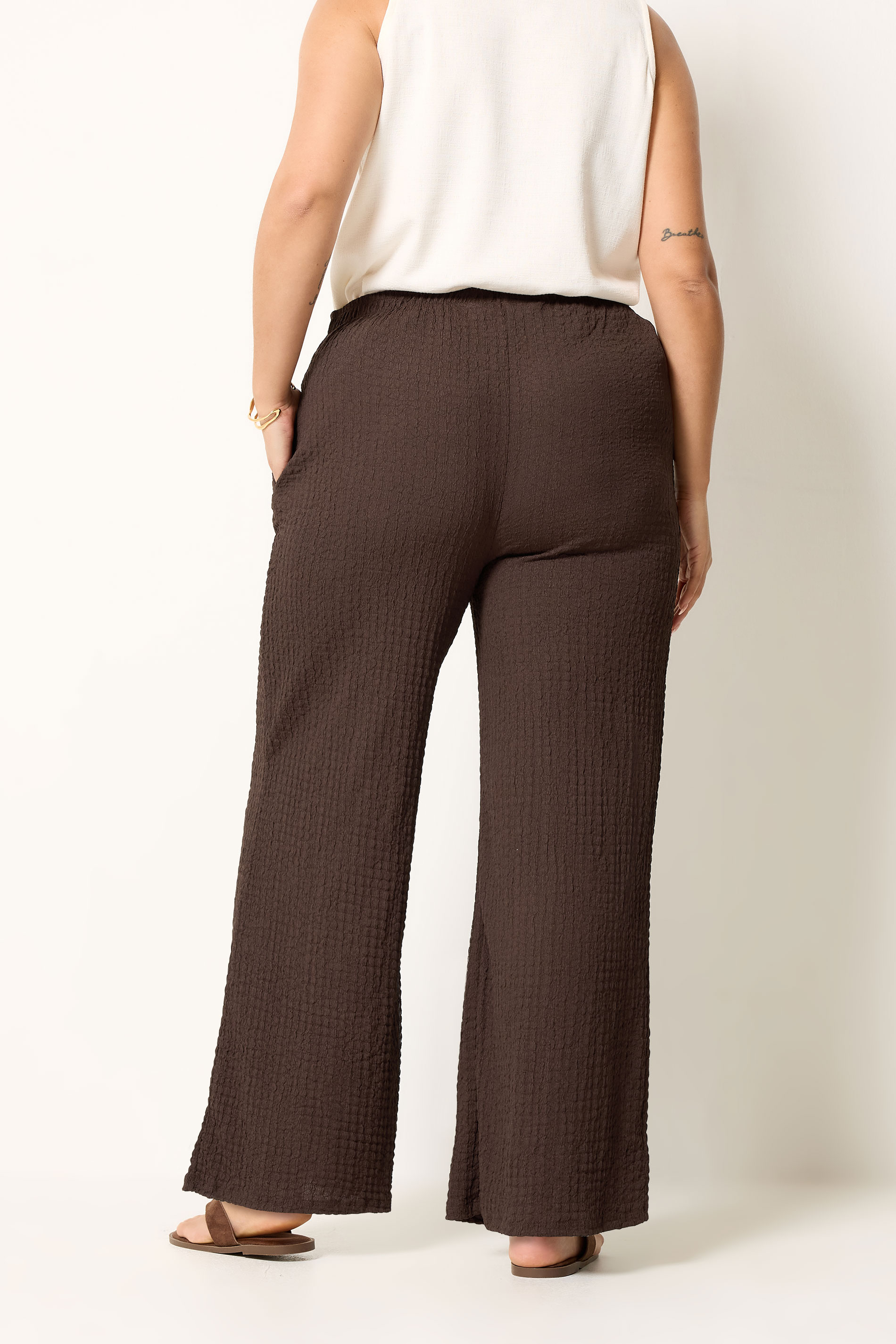 YOURS Plus Size Chocolate Brown Bubble Textured Wide Leg Trousers | Yours Clothing 2