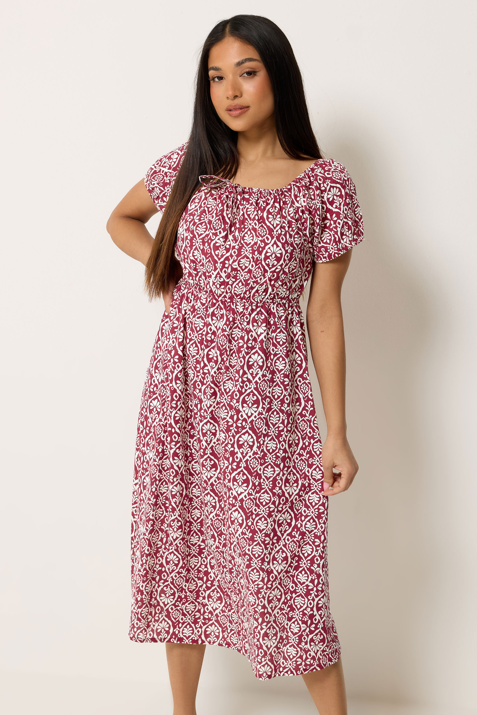 M&Co Petite Red Abstract Tie Neck Midi Dress | M&Co 1