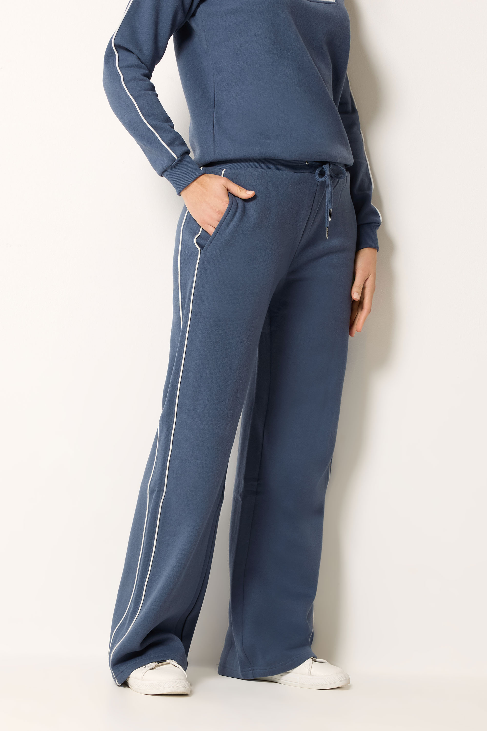 LTS Tall Women's Indigo Blue Pipe Detail Wide Leg Joggers | Long Tall Sally 1
