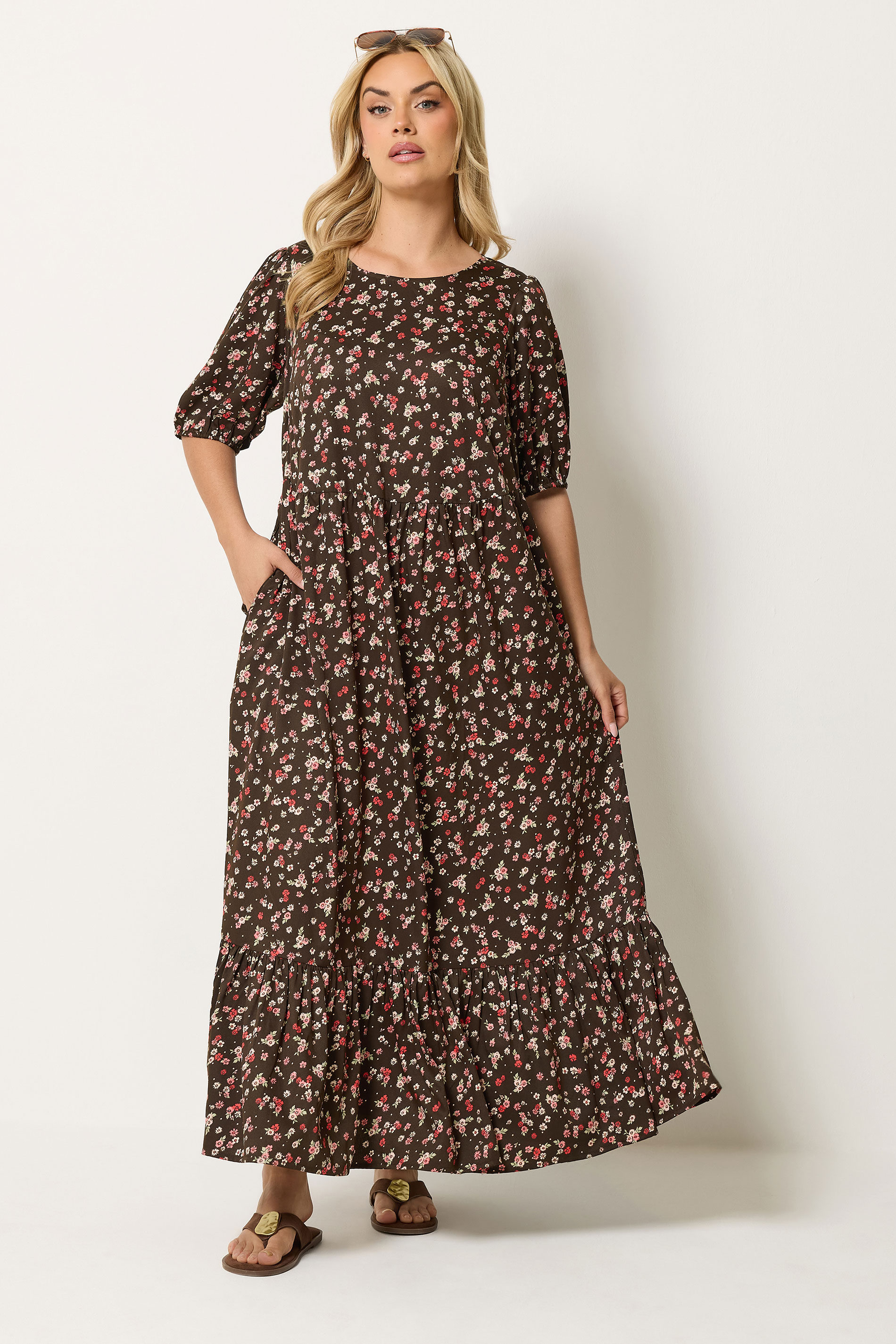 YOURS Plus Size Brown Ditsy Floral Smock Maxi Dress | Yours Clothing 3