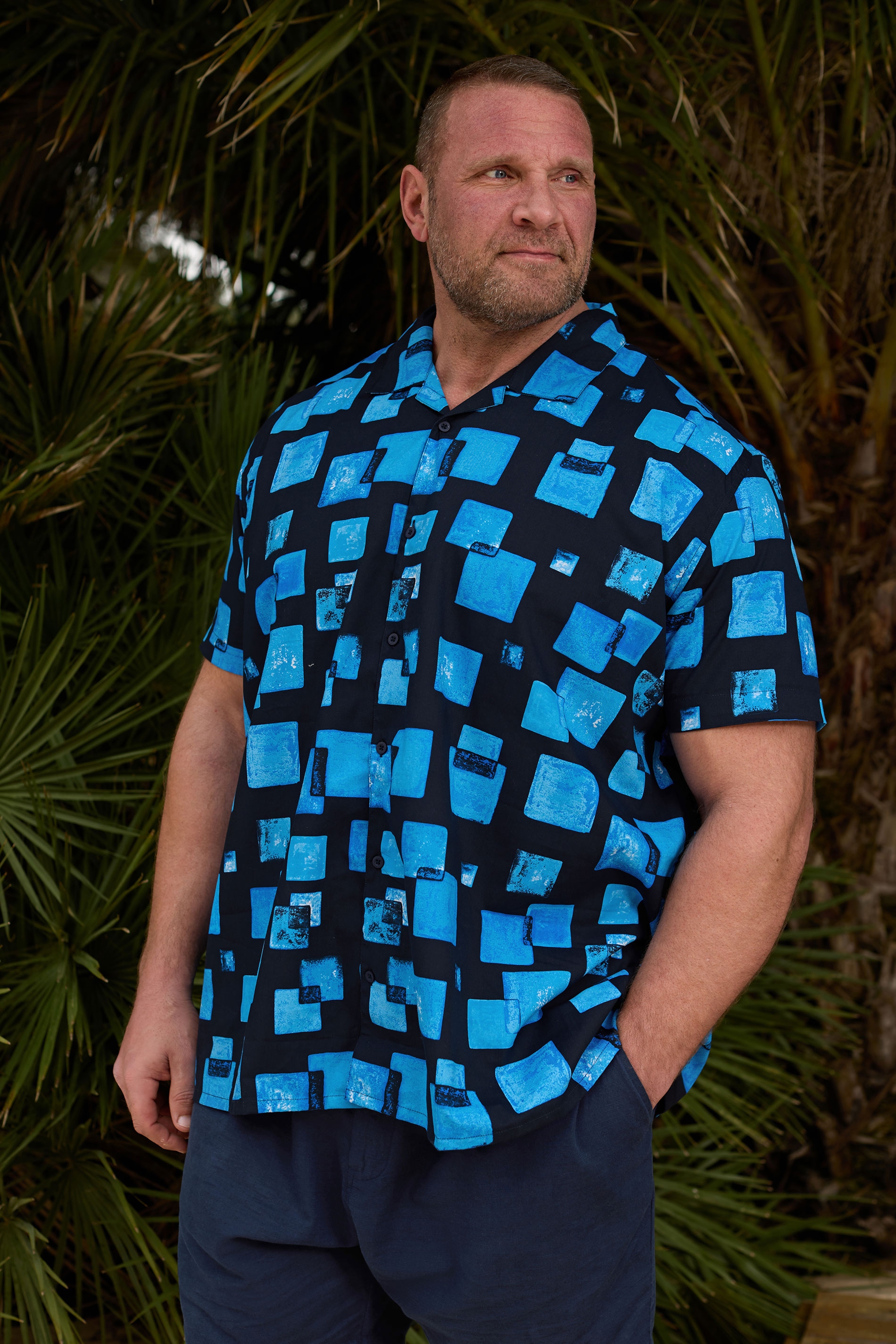 BadRhino BIg & Tall Navy Blue Square Print Peached Short Sleeve Shirt | BadRhino 3