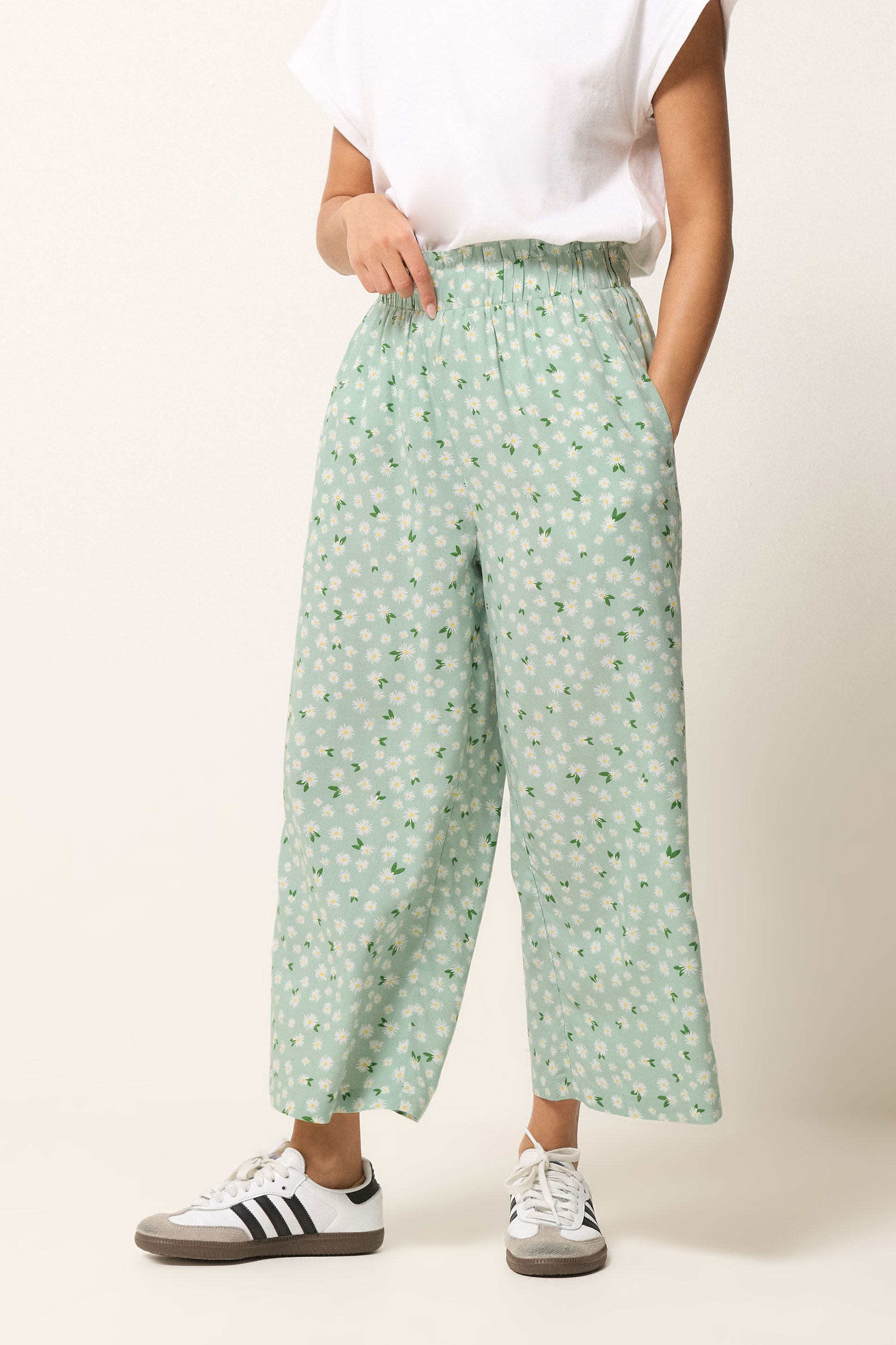 PixieGirl Petite Women's Sage Green Floral Cropped Trousers | PixieGirl 1