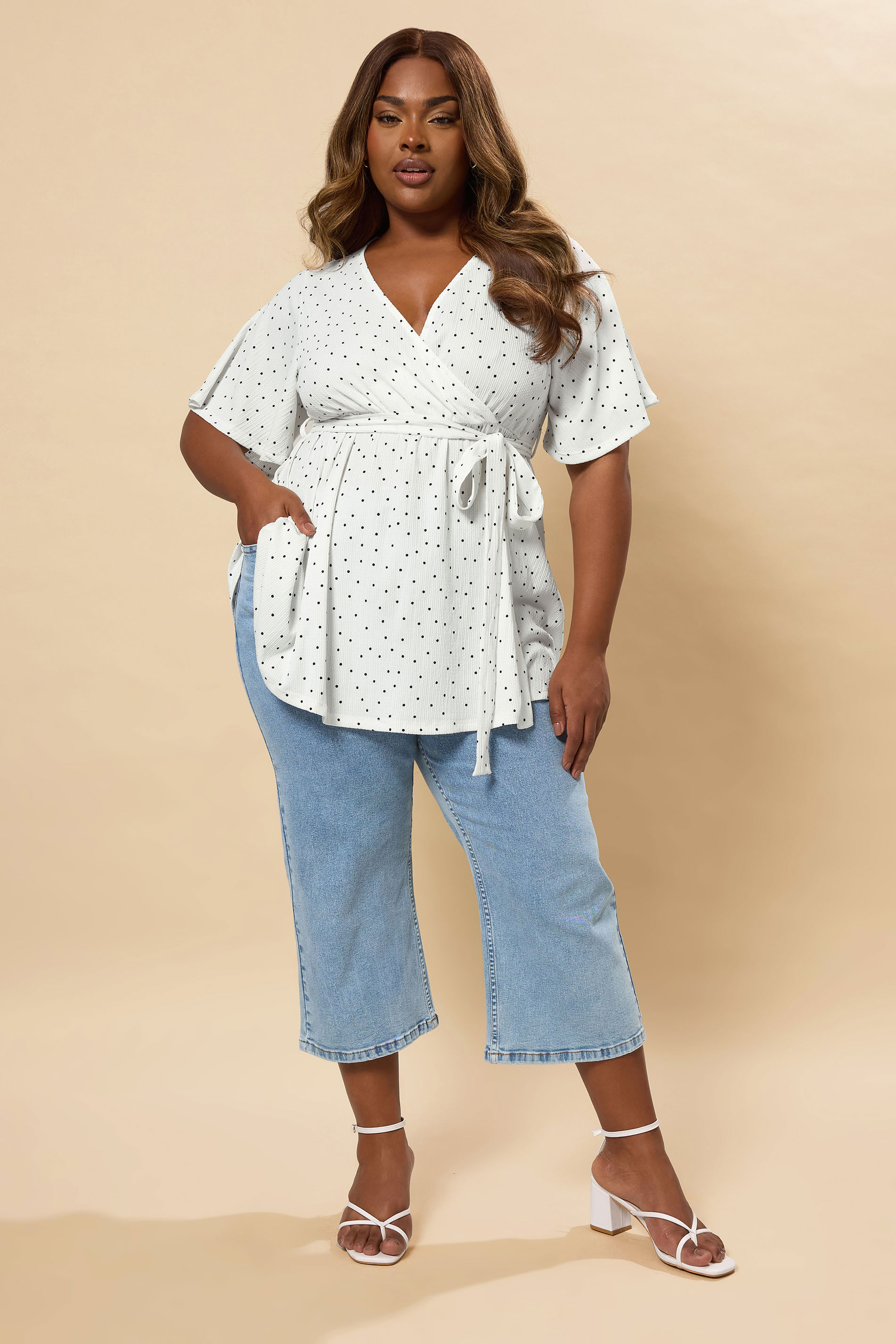 YOURS Plus Size White Ditsy Polka Dot Print Wrap Top | Yours Clothing 1