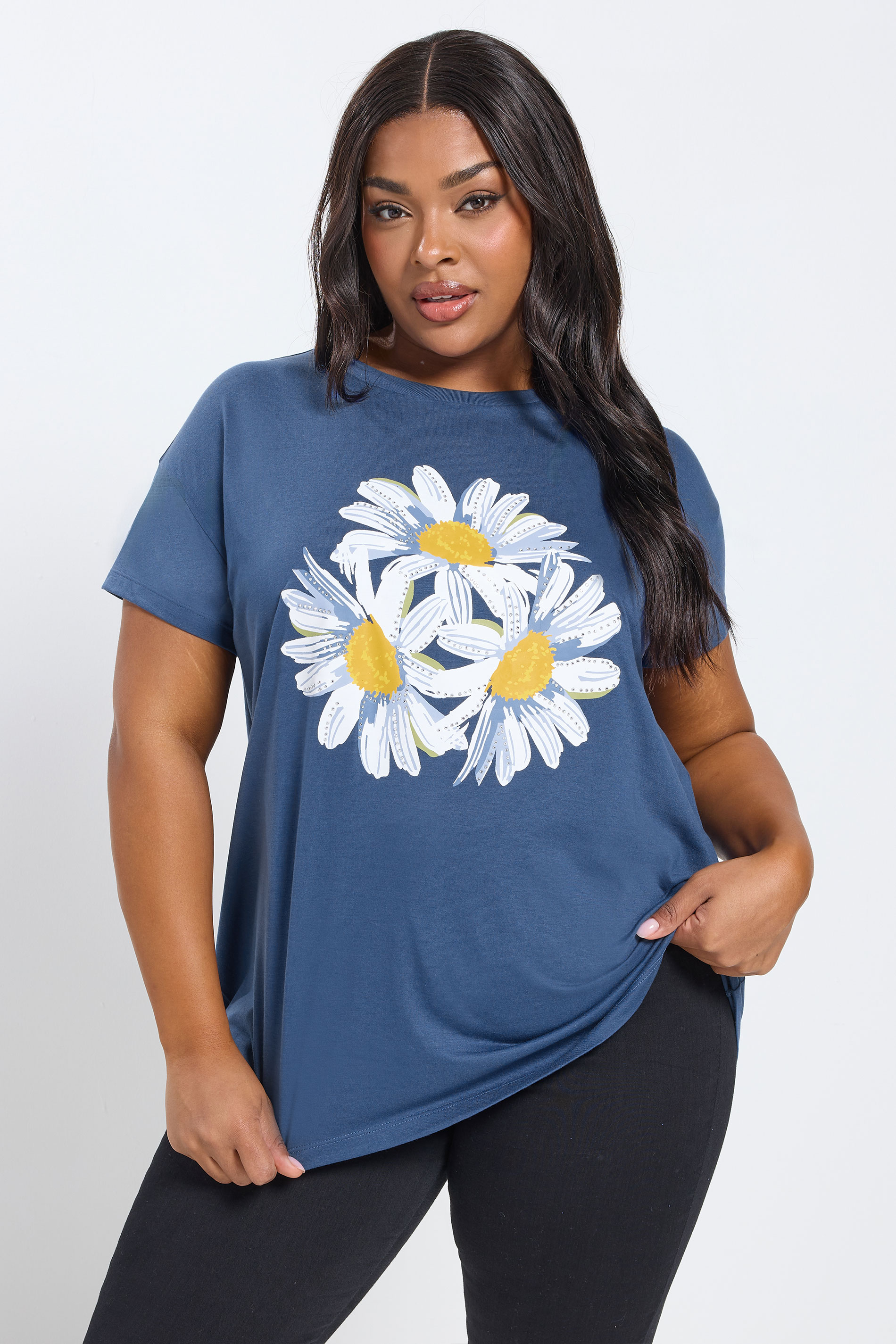 YOURS Plus Size Blue Daisy Embellished Graphic T-Shirt | Yours Clothing 3